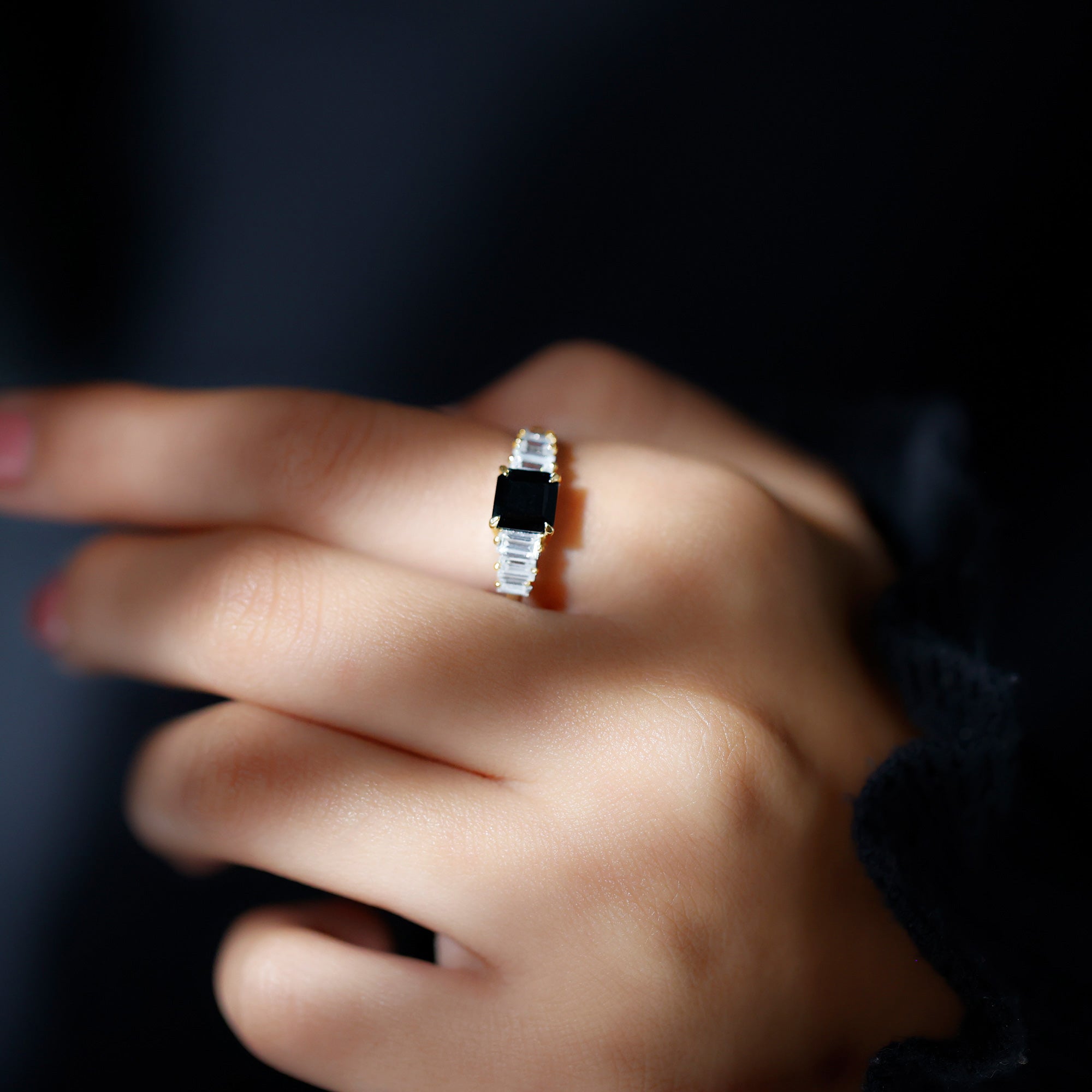 Asscher Cut Black Onyx Engagement Ring with Baguette Moissanite AAA - Rosec Jewels