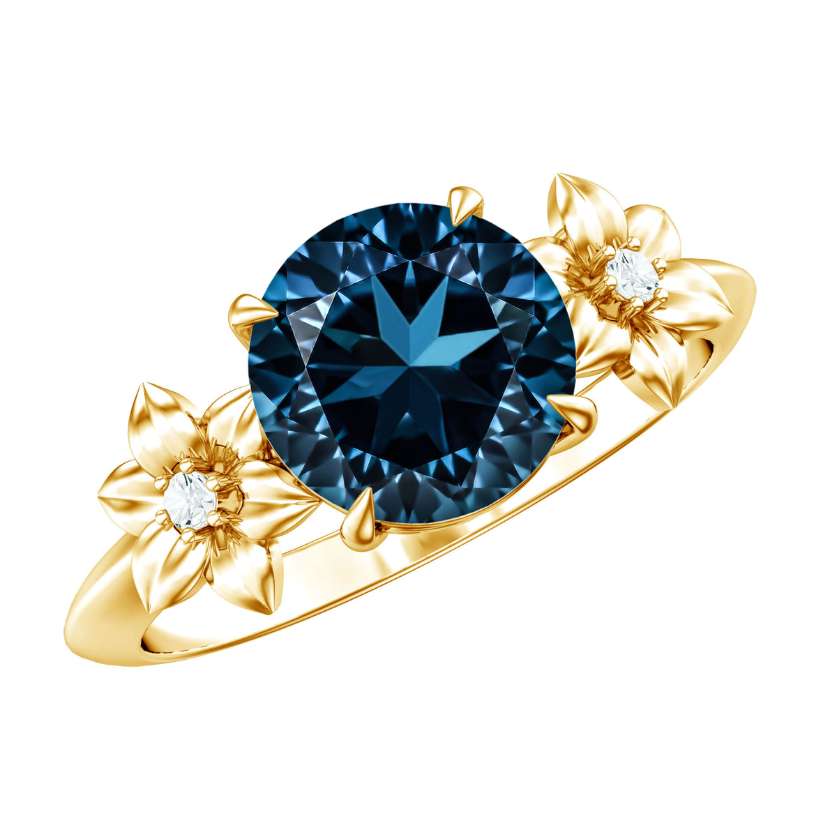 2 Carat Round London Blue Topaz Solitaire Floral Engagement Ring AAA - Rosec Jewels