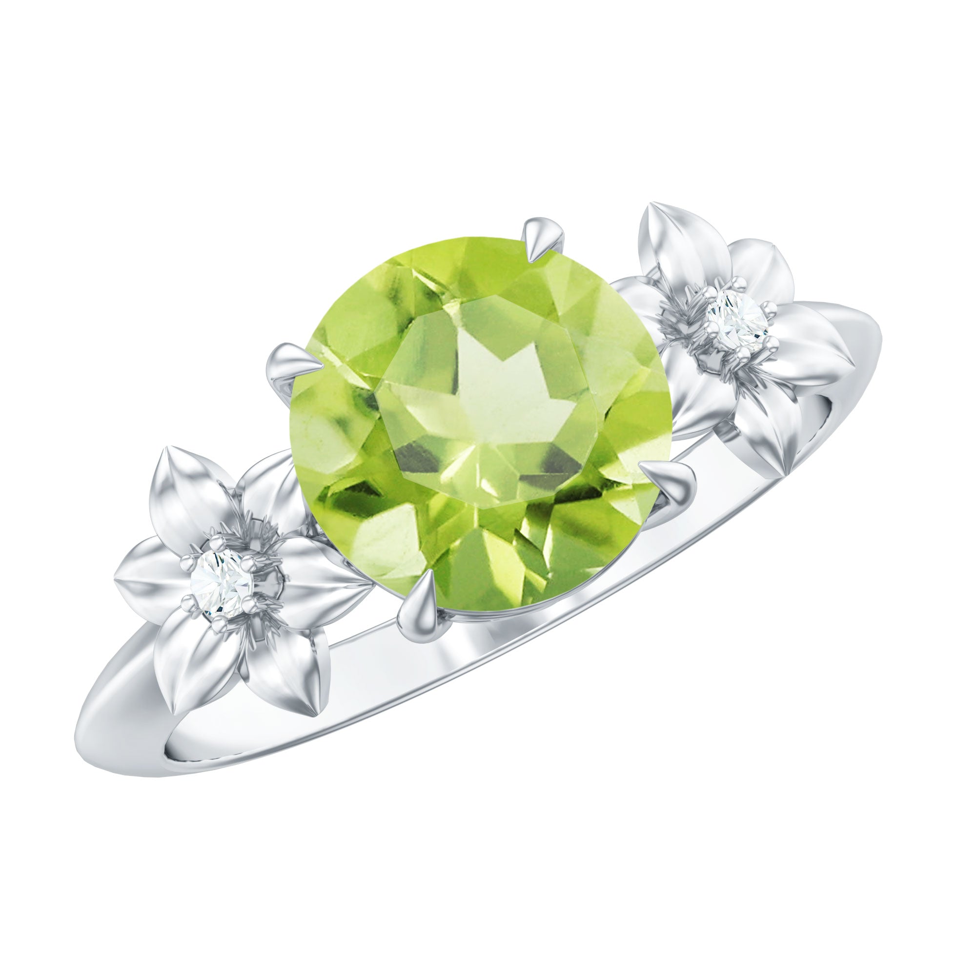 Round Peridot Solitaire Flower Engagement Ring with Diamond