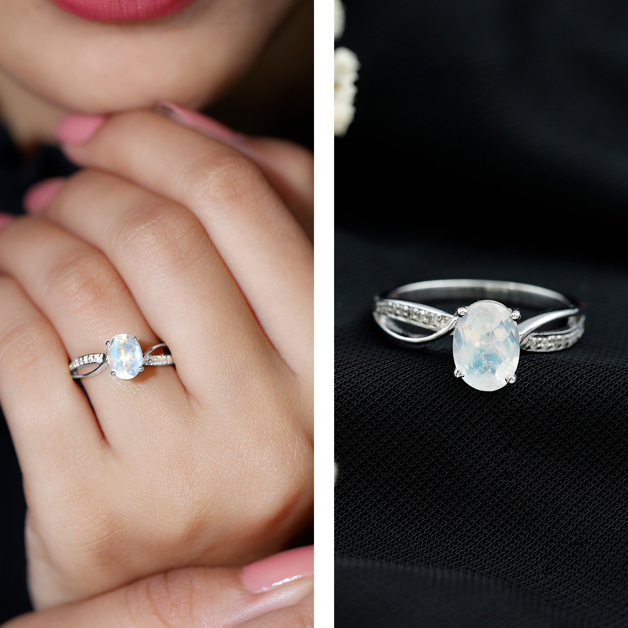 Oval Moonstone Infinity Engagement Ring with Diamond AAA - Rosec Jewels