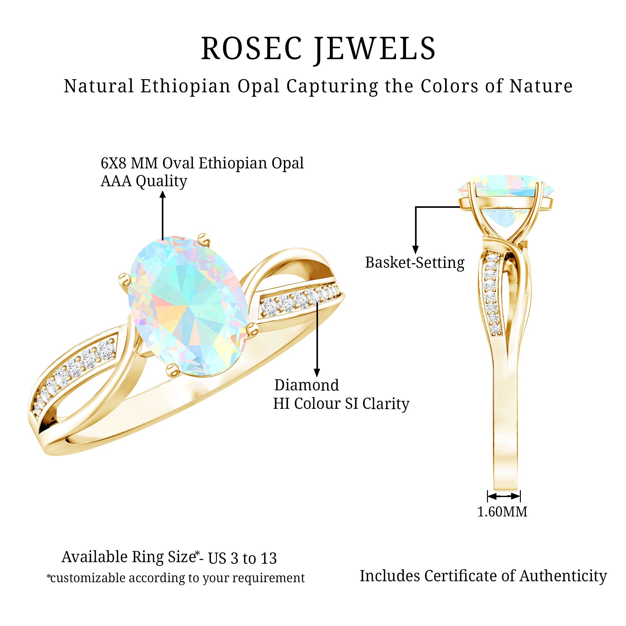 Natural 1.2 Carat Oval Opalescent Diamond Engagement Ring with Split Shank AAA - Rosec Jewels