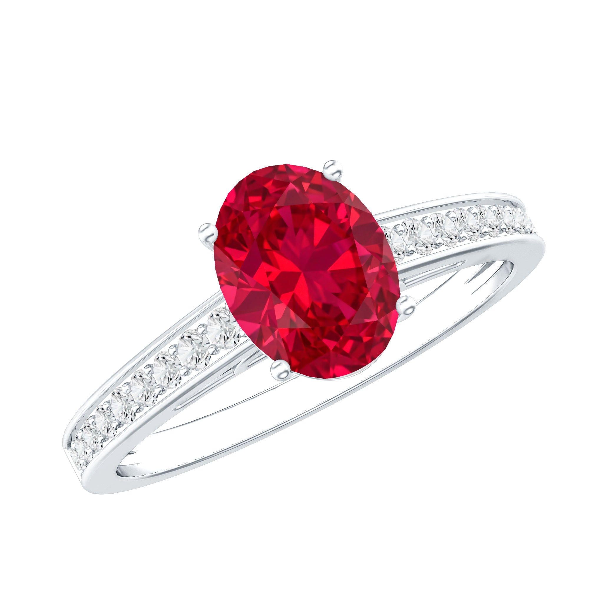 1.5 Carat Lab Grown Ruby Oval Engagement Ring with Diamond Side Stones AAAA - Rosec Jewels