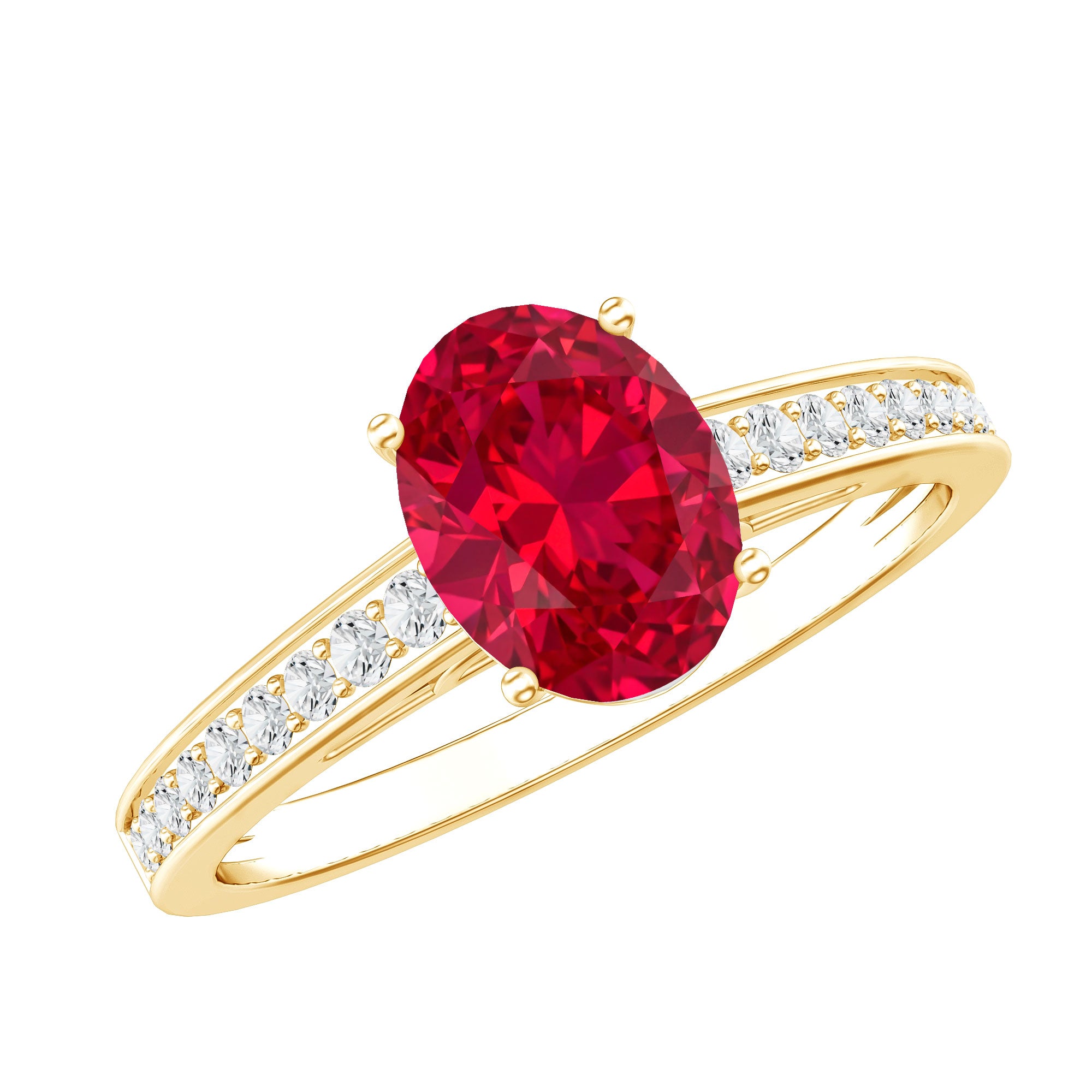 1.5 Carat Lab Grown Ruby Oval Engagement Ring with Diamond Side Stones AAAA - Rosec Jewels