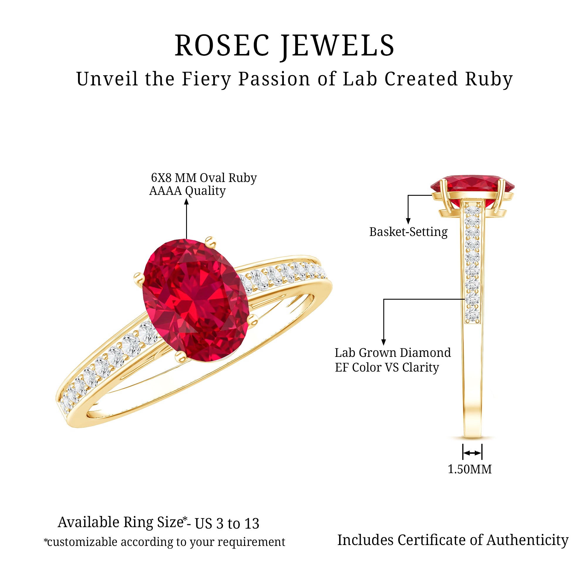 1.5 Carat Lab Grown Ruby Oval Engagement Ring with Diamond Side Stones AAAA - Rosec Jewels