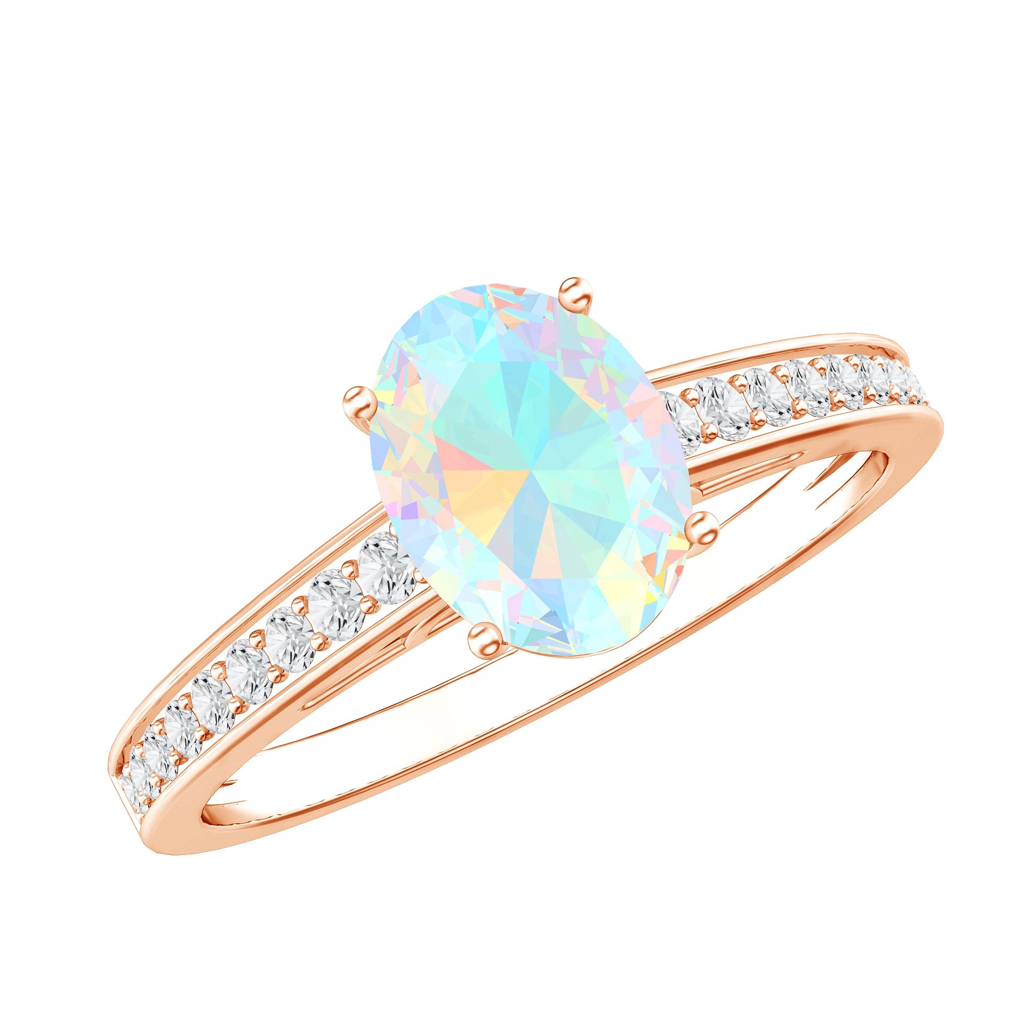 Natural 6X8mm Ethiopian Opal Oval Engagement Ring with Diamond Side Stones AAA - Rosec Jewels