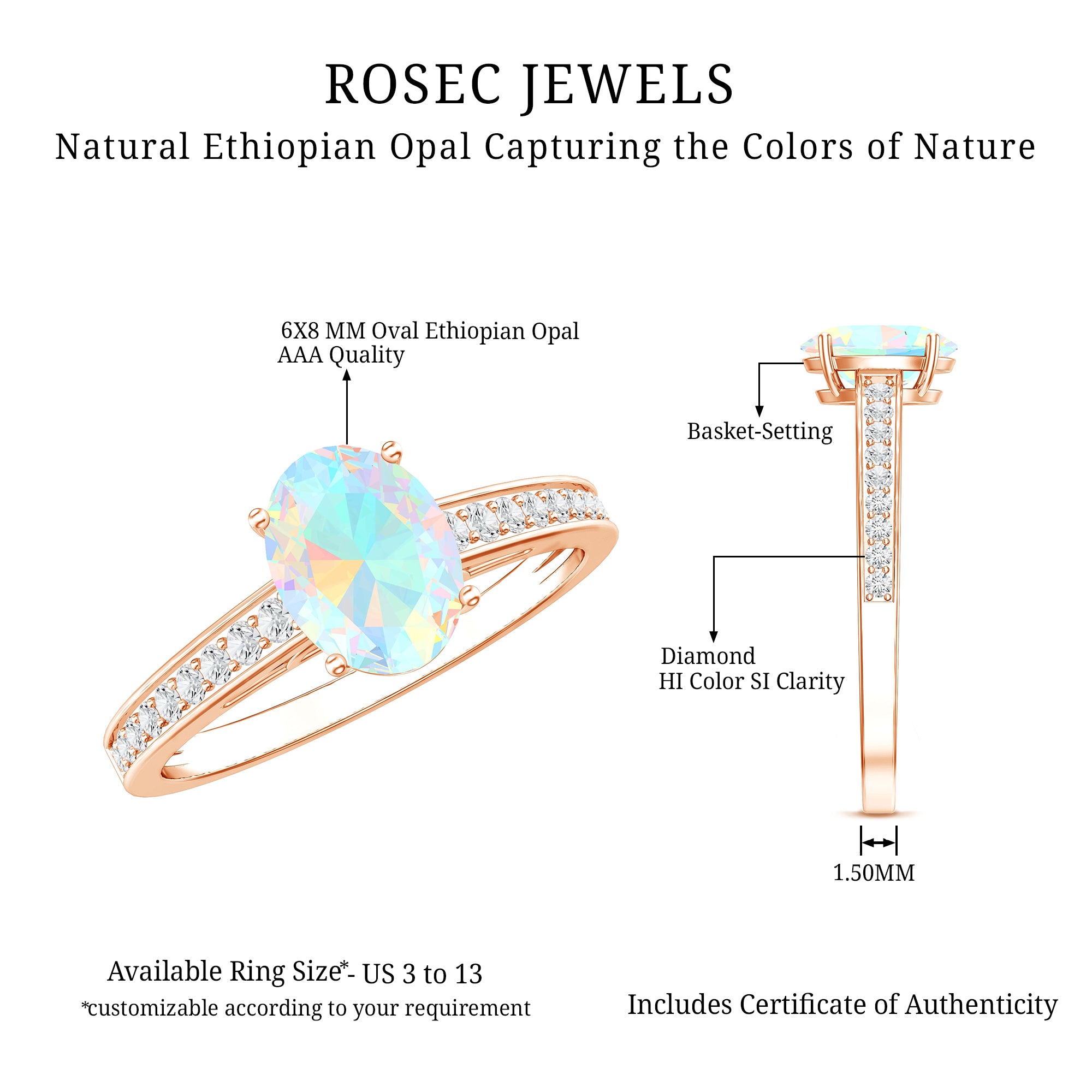 Natural 6X8mm Ethiopian Opal Oval Engagement Ring with Diamond Side Stones AAA - Rosec Jewels