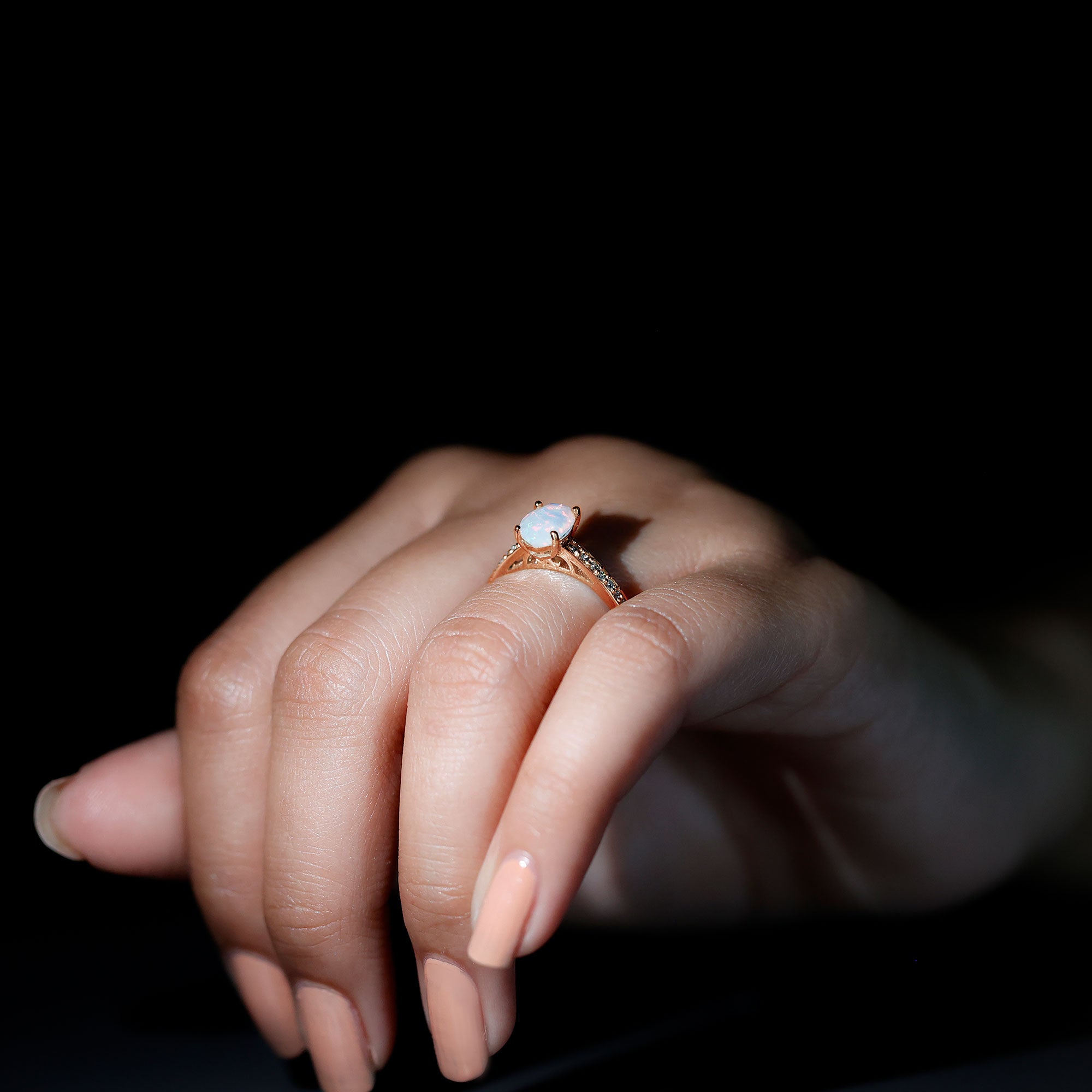 Natural 6X8mm Ethiopian Opal Oval Engagement Ring with Diamond Side Stones AAA - Rosec Jewels