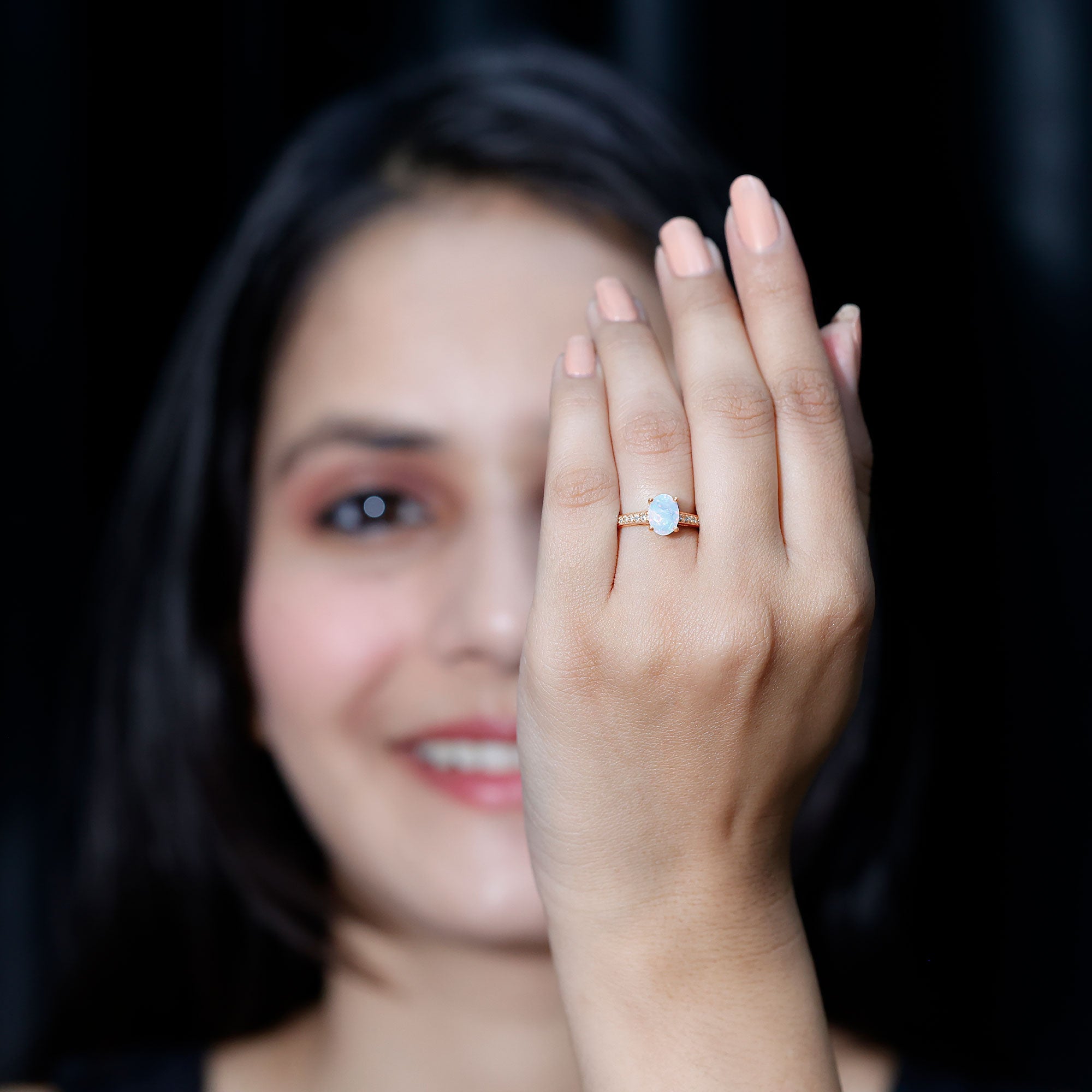 Natural 6X8mm Ethiopian Opal Oval Engagement Ring with Diamond Side Stones AAA - Rosec Jewels