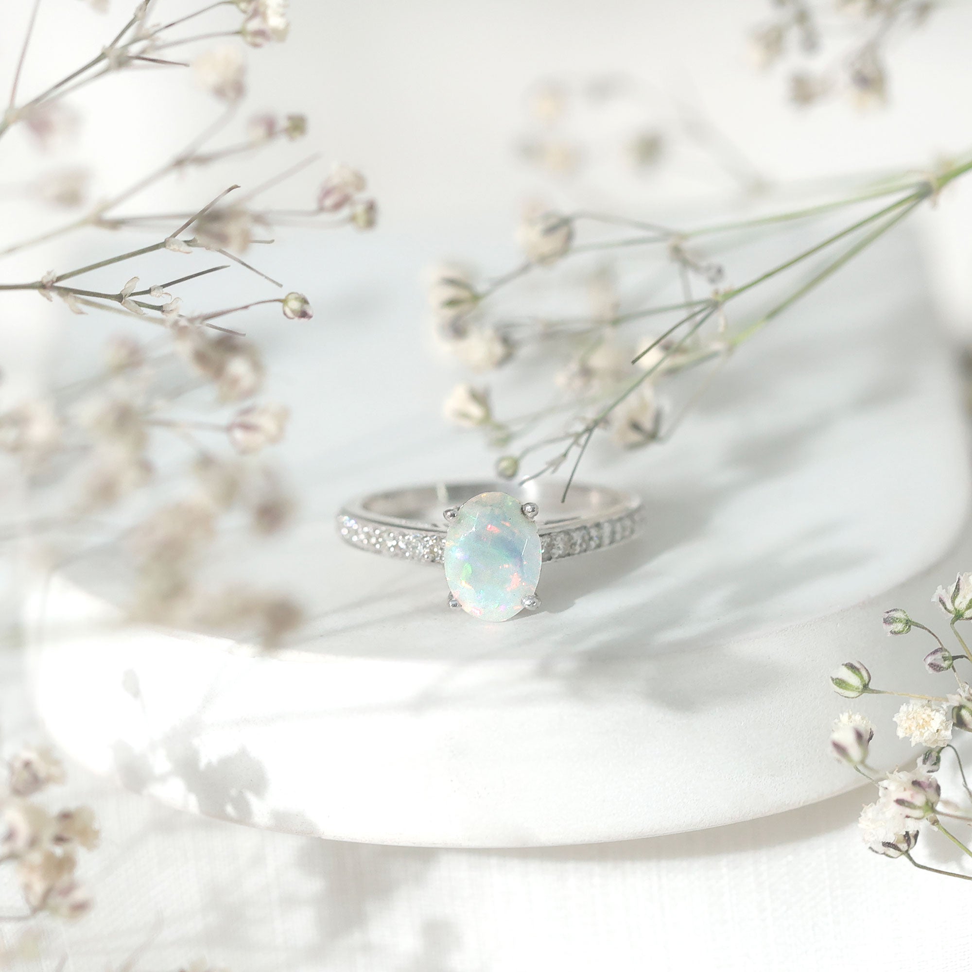 Natural 6X8mm Ethiopian Opal Oval Engagement Ring with Diamond Side Stones AAA - Rosec Jewels