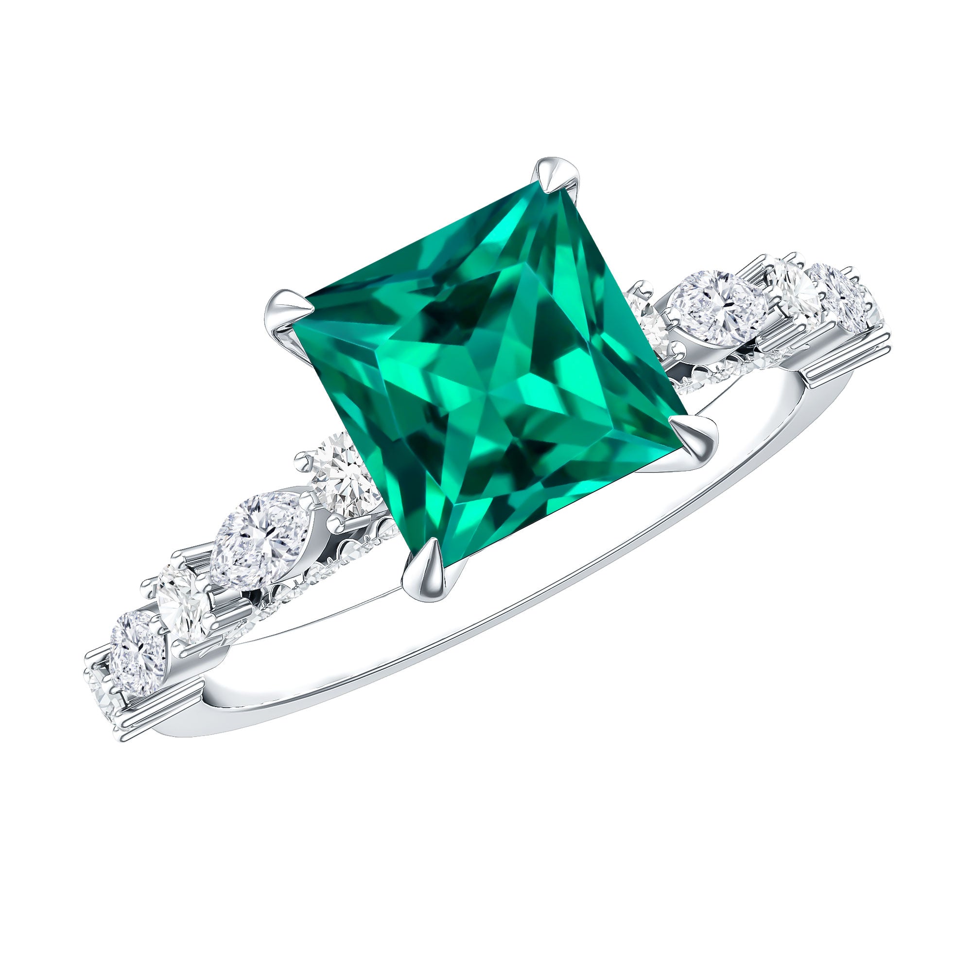 2.4 Carat Solitaire Lab Emerald Princess Cut Engagement Ring with Moissanite AAAA - Rosec Jewels