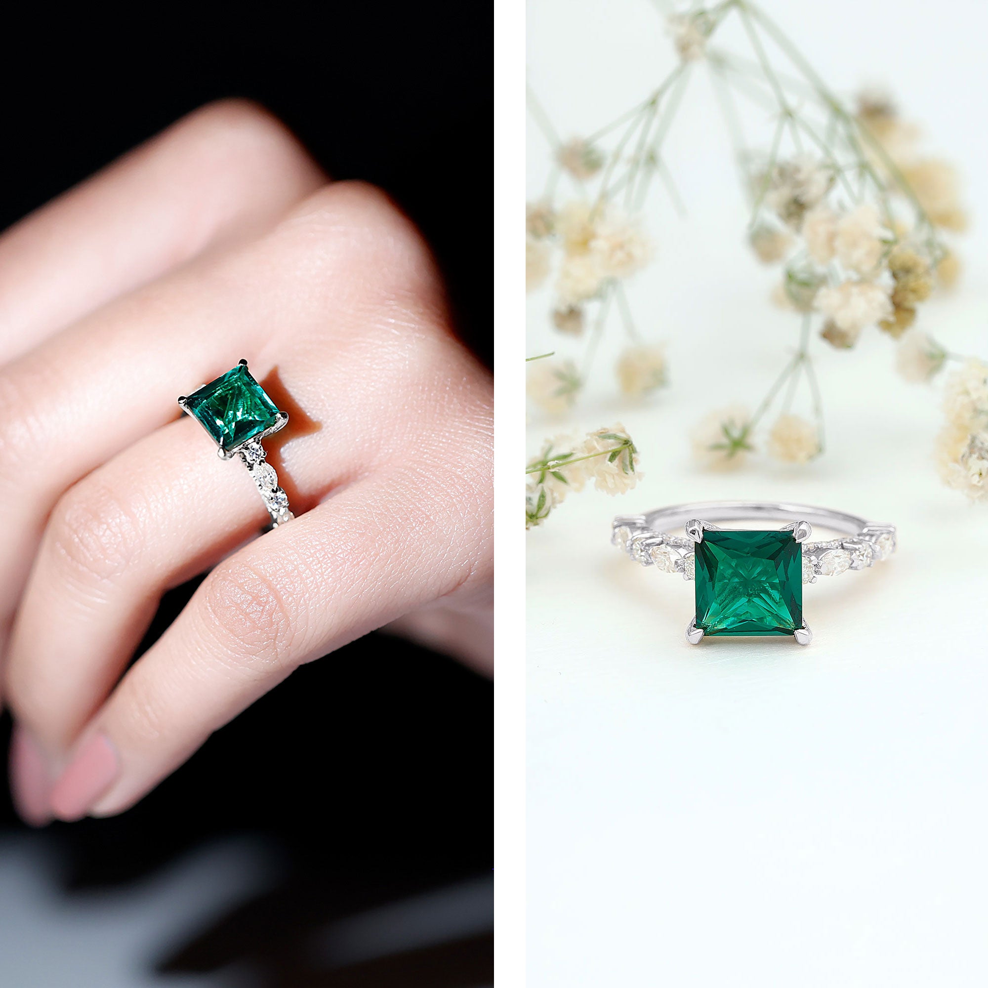 2.4 Carat Solitaire Lab Emerald Princess Cut Engagement Ring with Moissanite AAAA - Rosec Jewels