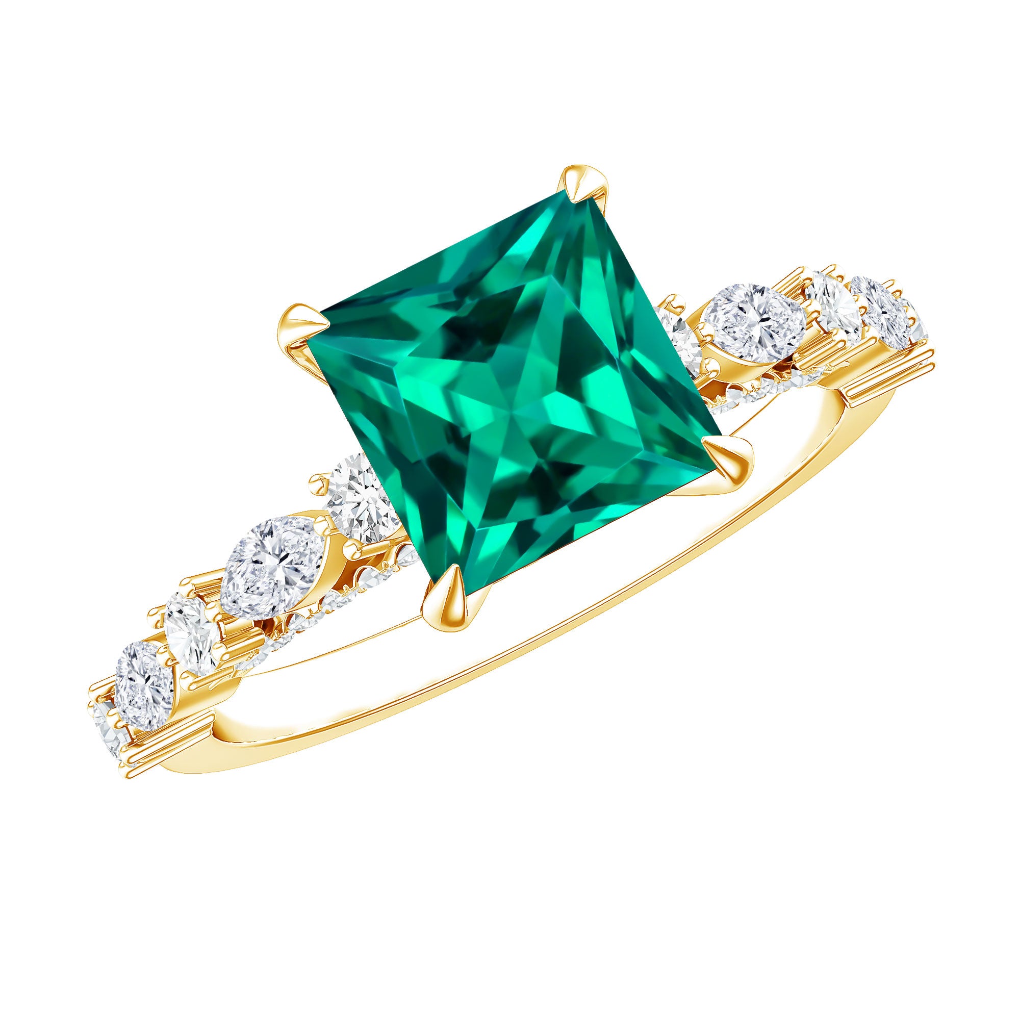 2.4 Carat Solitaire Lab Emerald Princess Cut Engagement Ring with Moissanite AAAA - Rosec Jewels