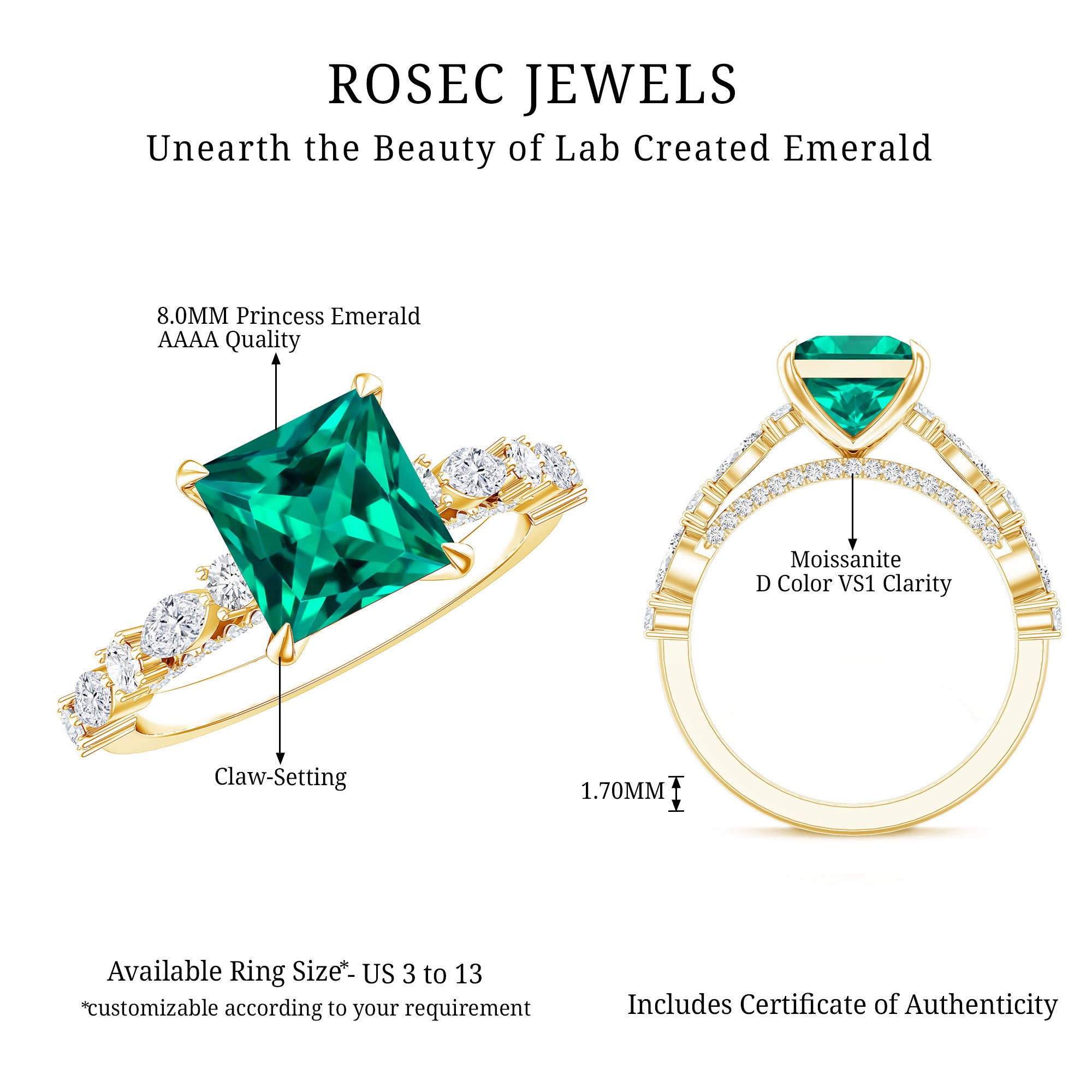 2.4 Carat Solitaire Lab Emerald Princess Cut Engagement Ring with Moissanite AAAA - Rosec Jewels
