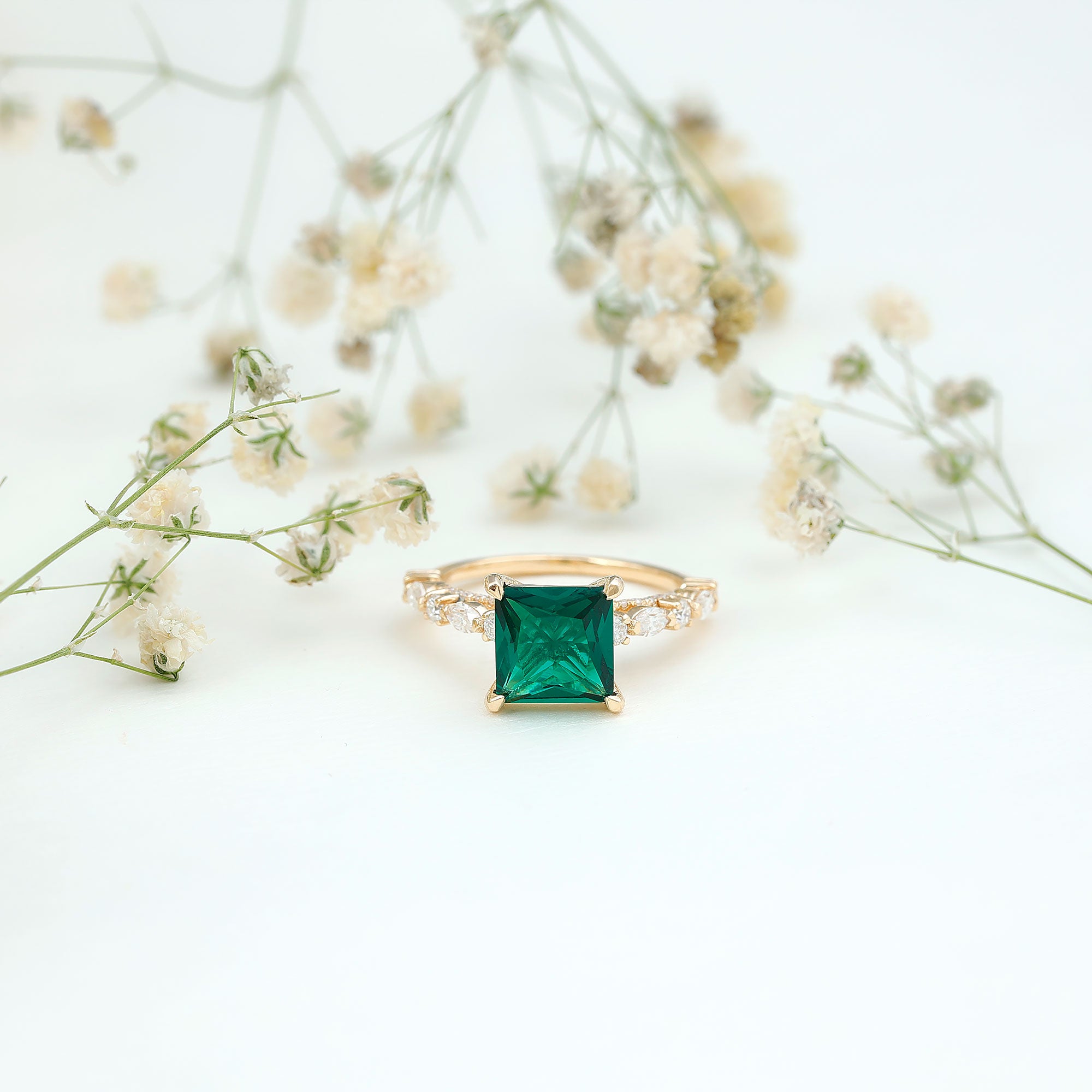 2.4 Carat Solitaire Lab Emerald Princess Cut Engagement Ring with Moissanite AAAA - Rosec Jewels