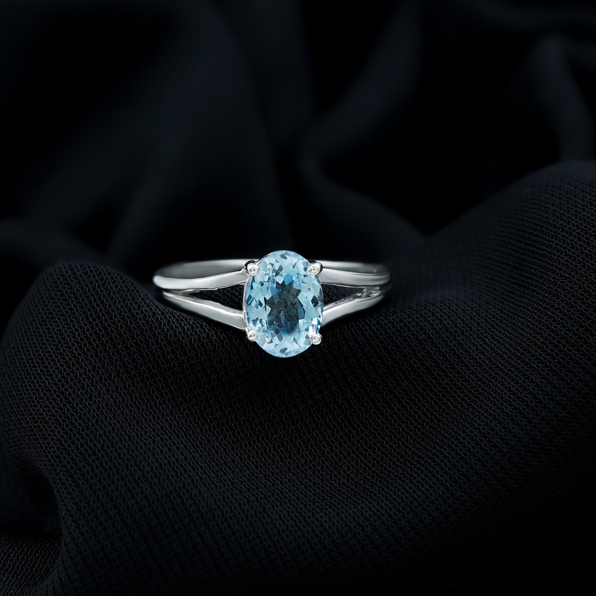 Rosec Jewels-Genuine Oval Aquamarine Solitaire Engagement Ring in Split Shank