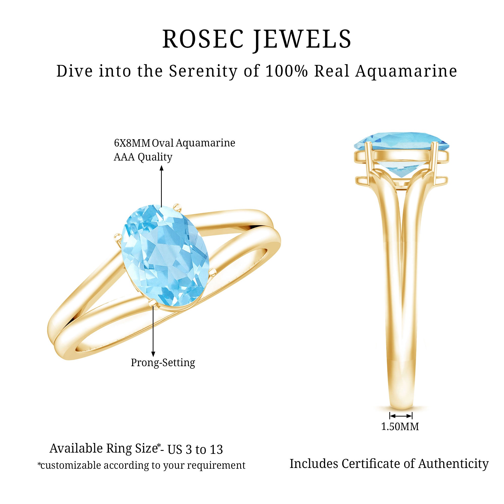 Genuine Oval Aquamarine Solitaire Engagement Ring in Split Shank AAA - Rosec Jewels
