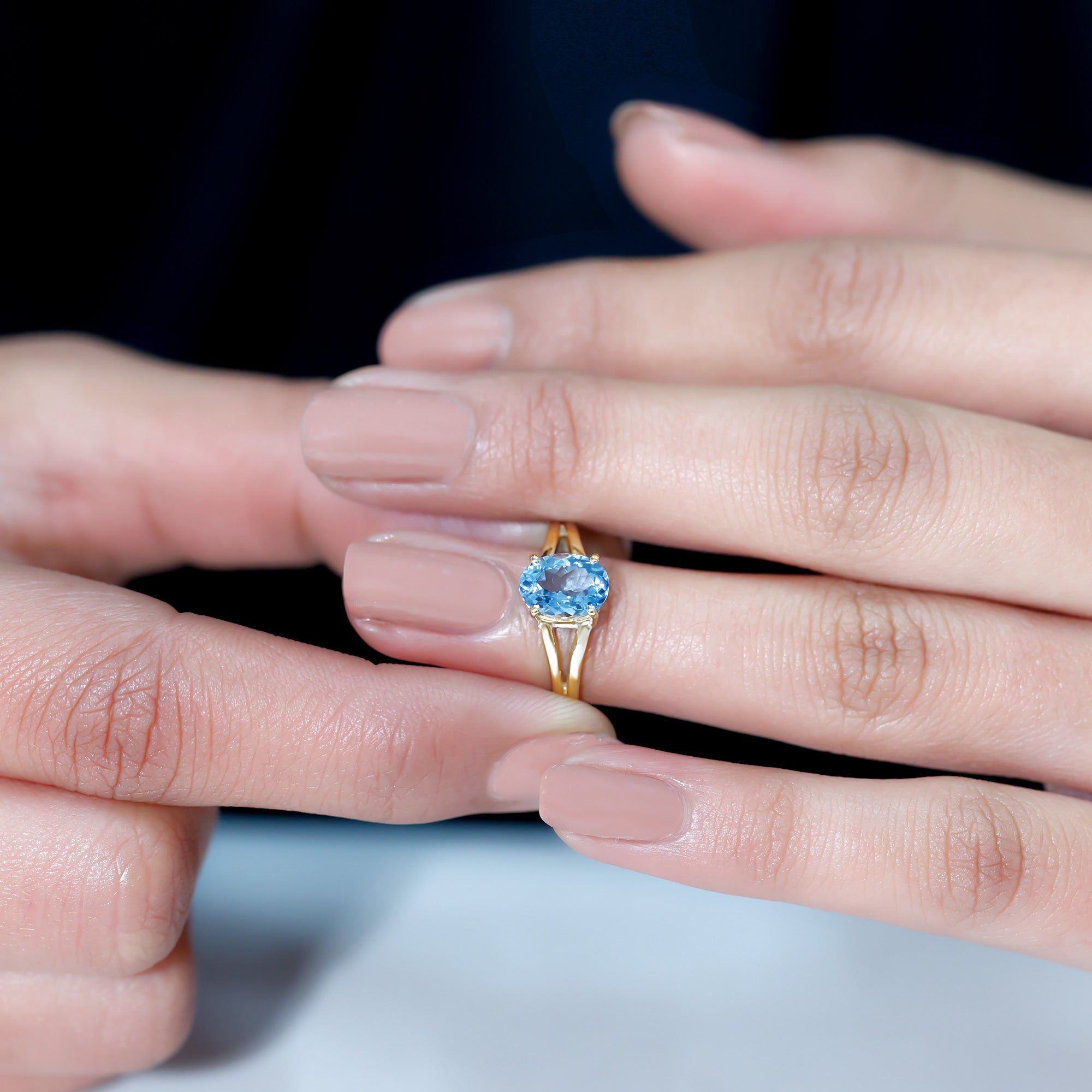 Rosec Jewels-Genuine Oval Aquamarine Solitaire Engagement Ring in Split Shank