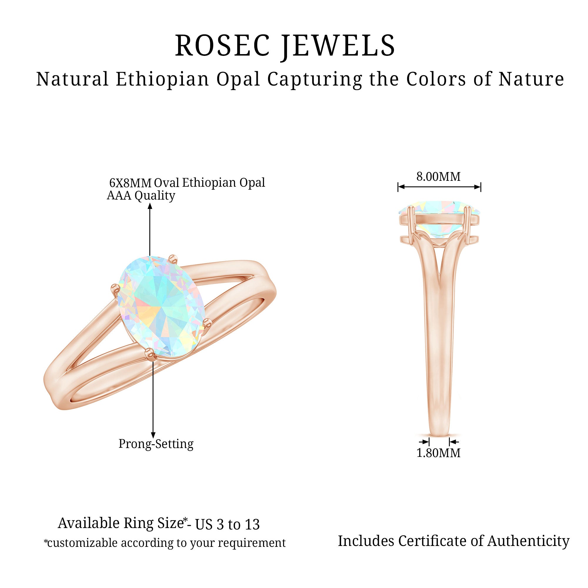 1.2 Carat Genuine Oval Ethiopian Rainbow Opal Split Shank Engagement Ring AAA - Rosec Jewels