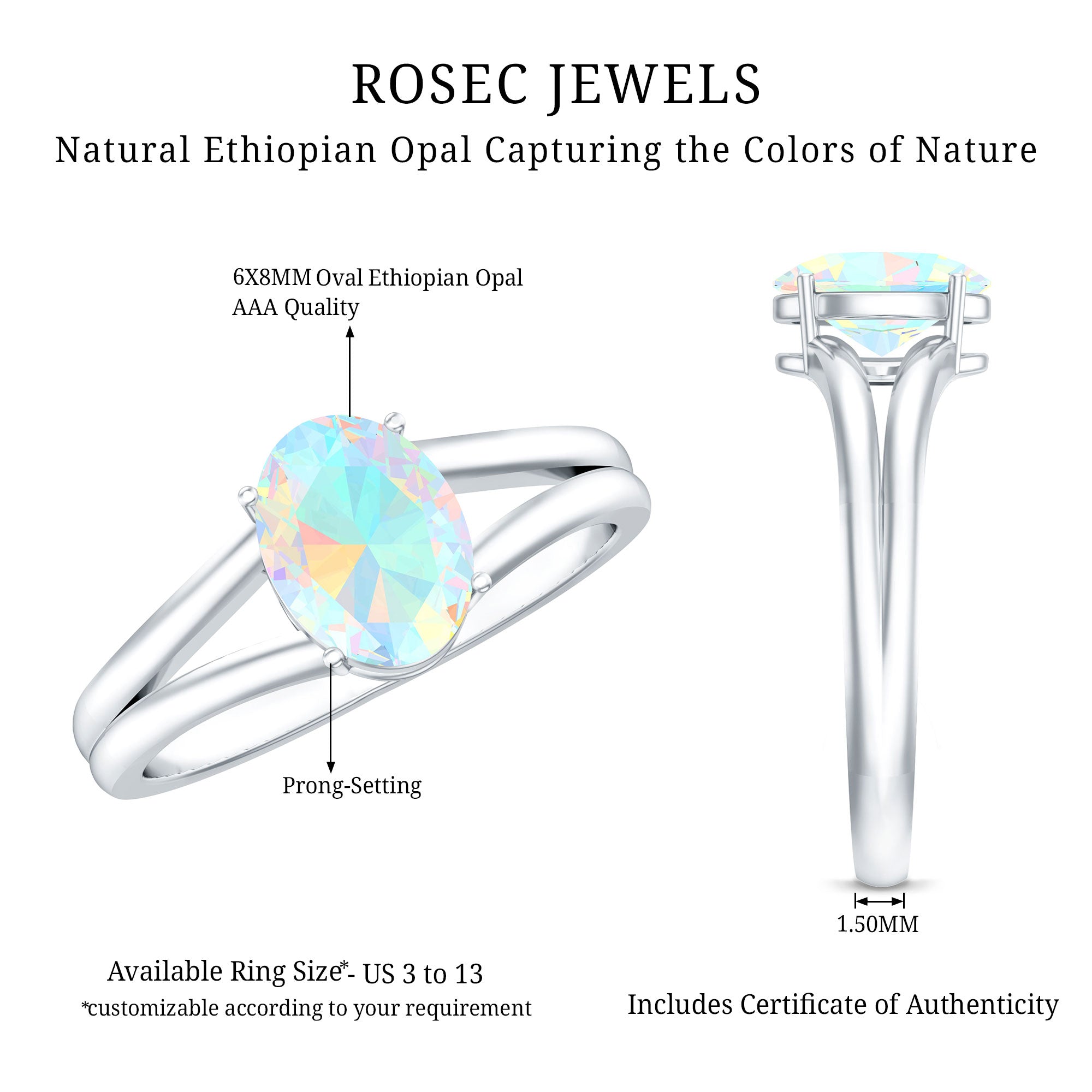 1.2 Carat Genuine Oval Ethiopian Rainbow Opal Split Shank Engagement Ring AAA - Rosec Jewels