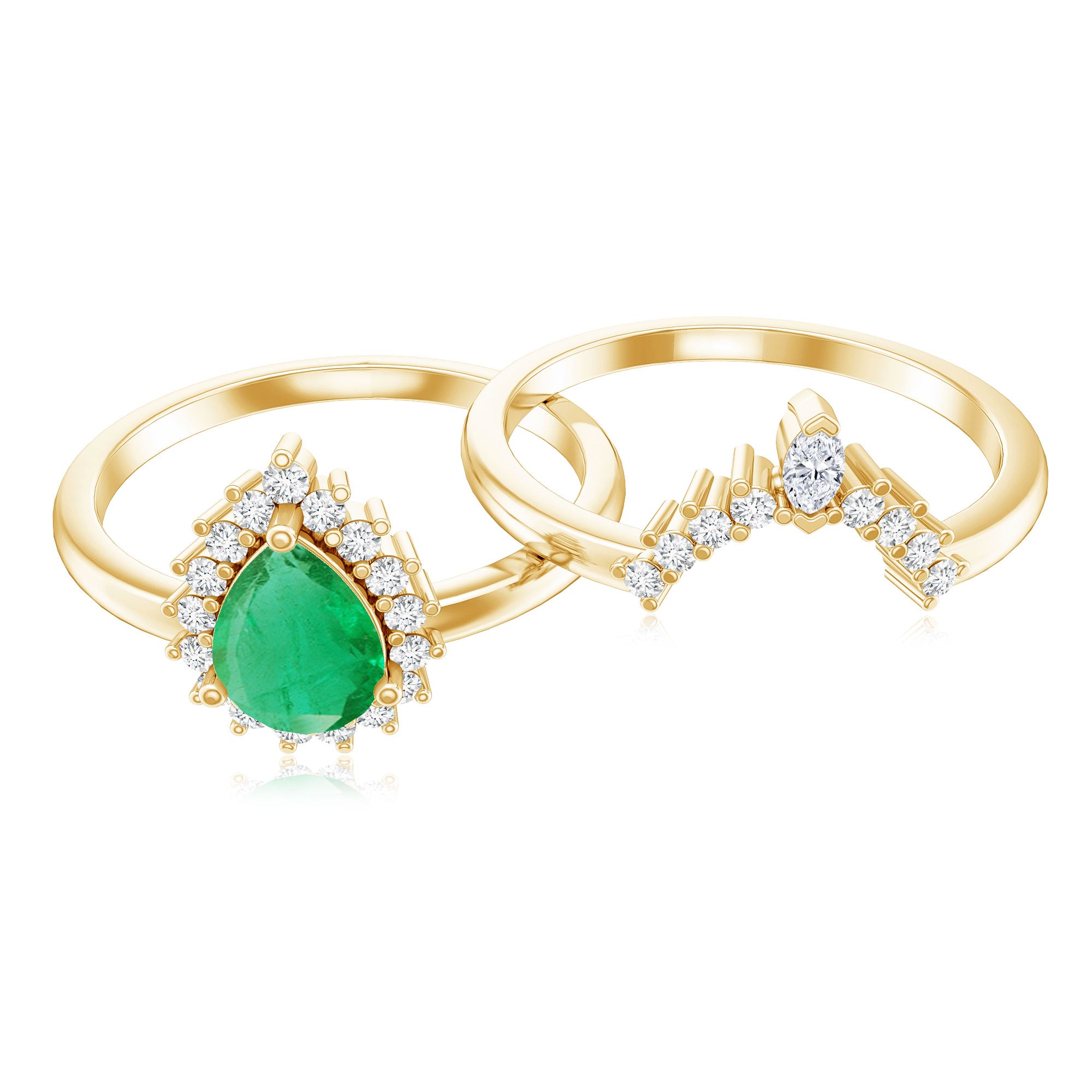 Natural Emerald Diamond Pear Shape Engagement Ring and Wedding Band Set AAA - Rosec Jewels