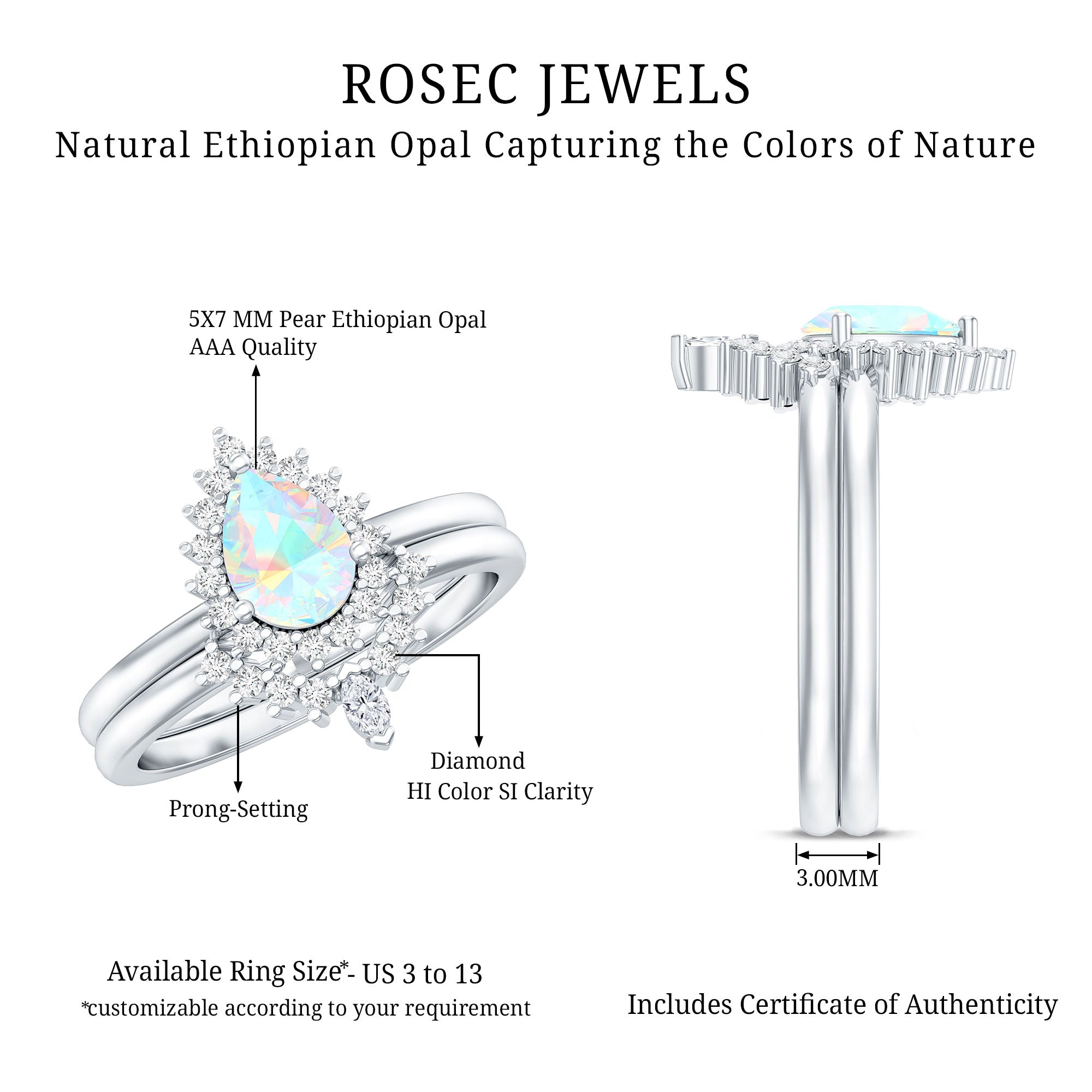 Genuine Pear Shape Rainbow Opal Vintage Inspired Engagement Ring with Enhancer AAA - Rosec Jewels