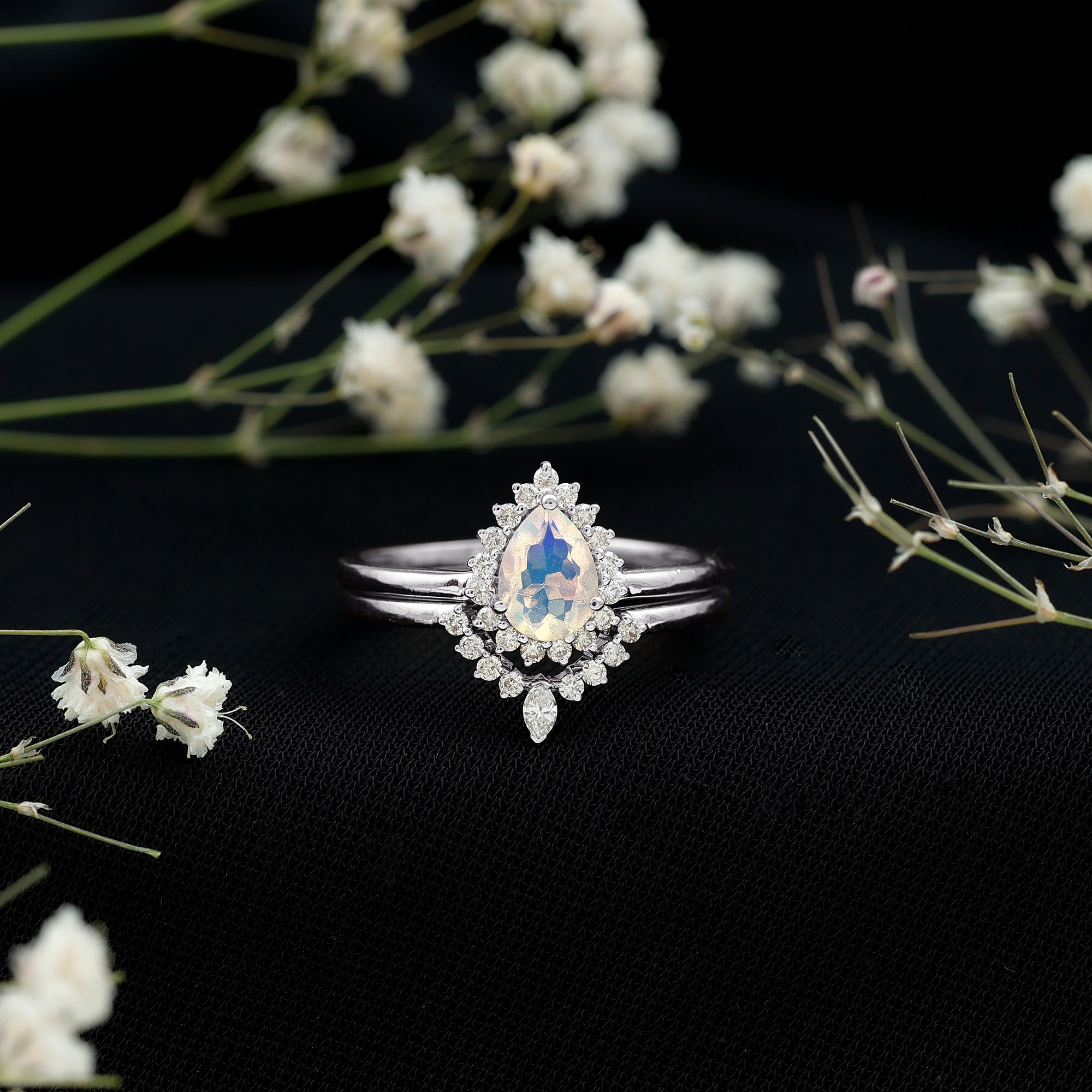 Genuine Pear Shape Rainbow Opal Vintage Inspired Engagement Ring with Enhancer AAA - Rosec Jewels