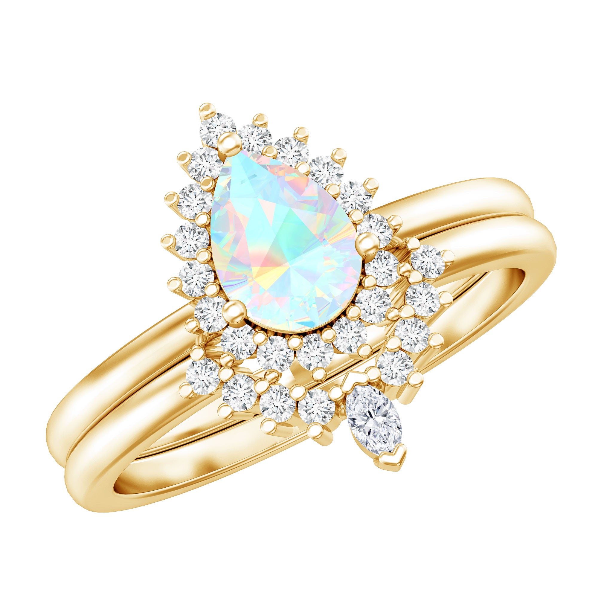 Genuine Pear Shape Rainbow Opal Vintage Inspired Engagement Ring with Enhancer AAA - Rosec Jewels