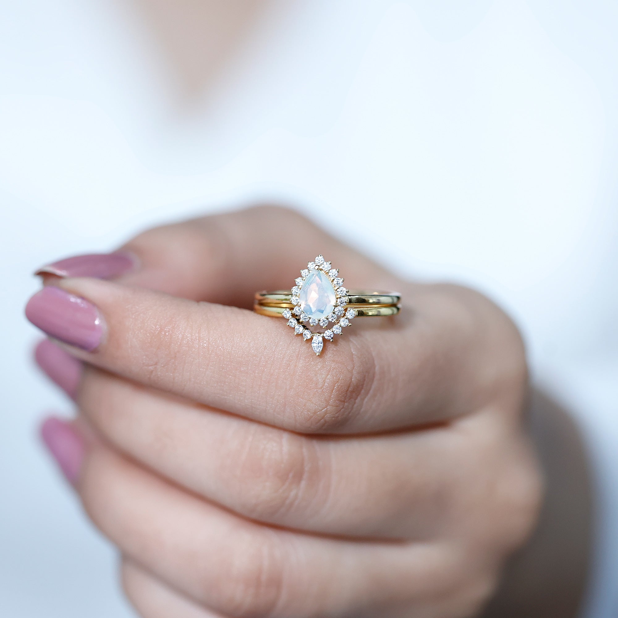 Genuine Pear Shape Rainbow Opal Vintage Inspired Engagement Ring with Enhancer AAA - Rosec Jewels