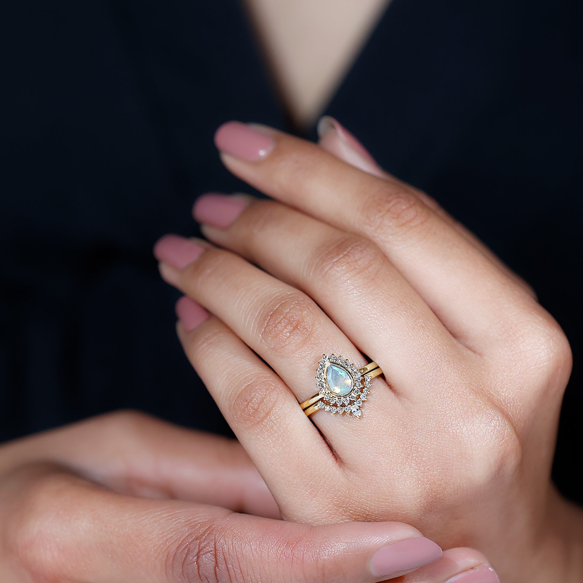 Genuine Pear Shape Rainbow Opal Vintage Inspired Engagement Ring with Enhancer AAA - Rosec Jewels