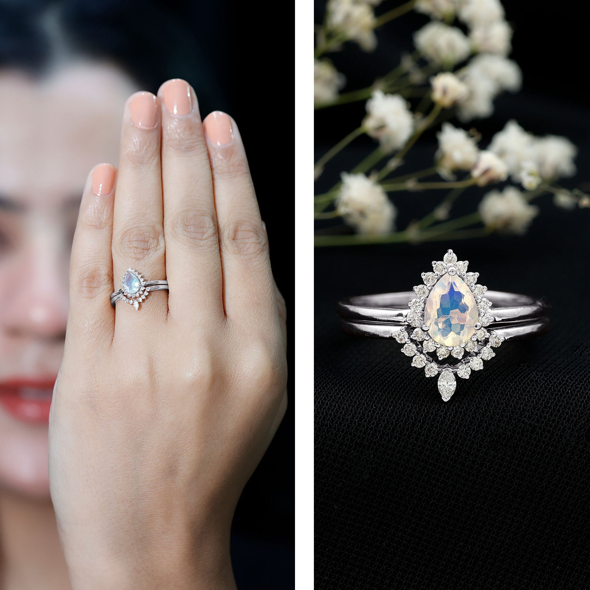 Genuine Pear Shape Rainbow Opal Vintage Inspired Engagement Ring with Enhancer AAA - Rosec Jewels