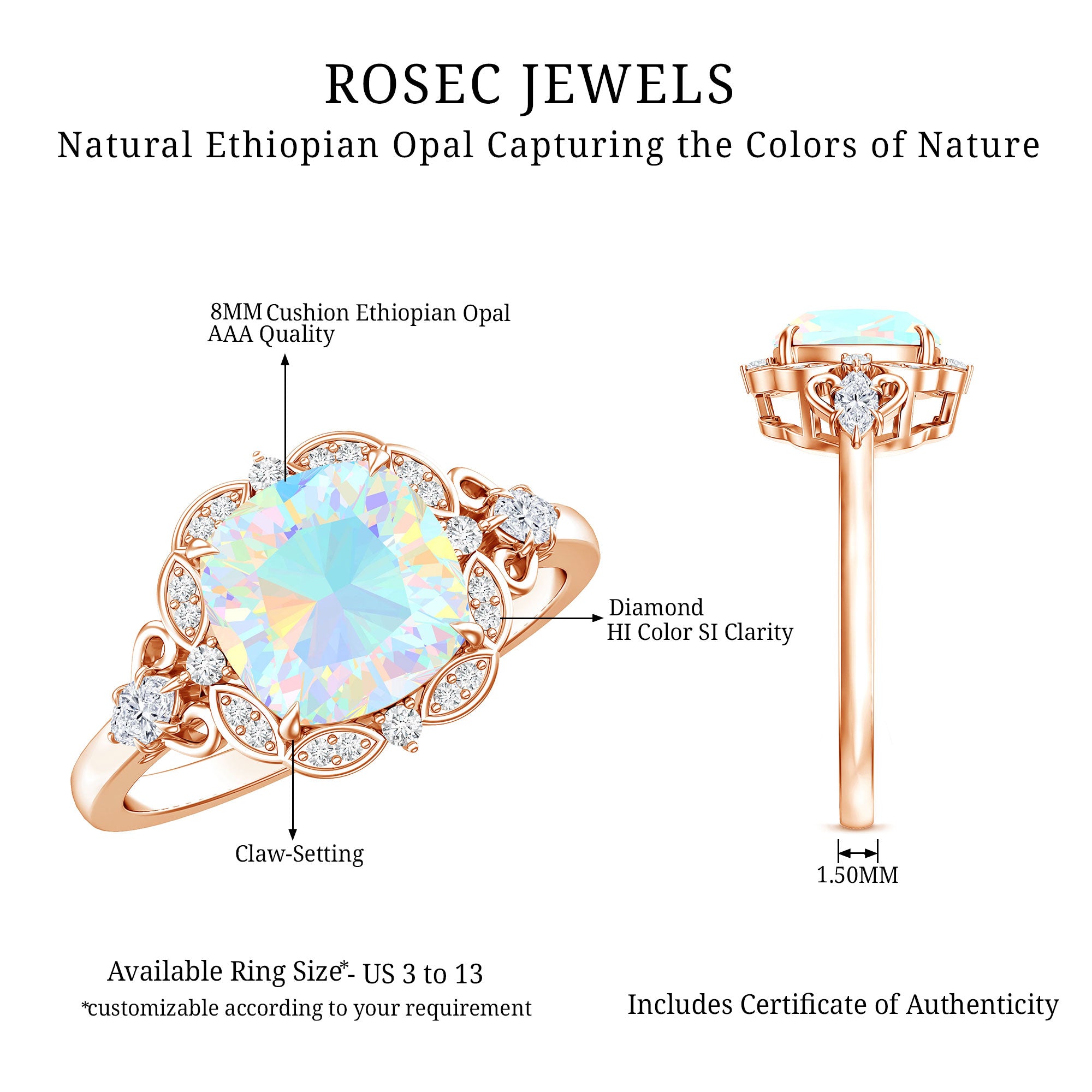 Real Cushion Cut Ethiopian Opal Antique Looking Engagement Ring with Diamond AAA - Rosec Jewels