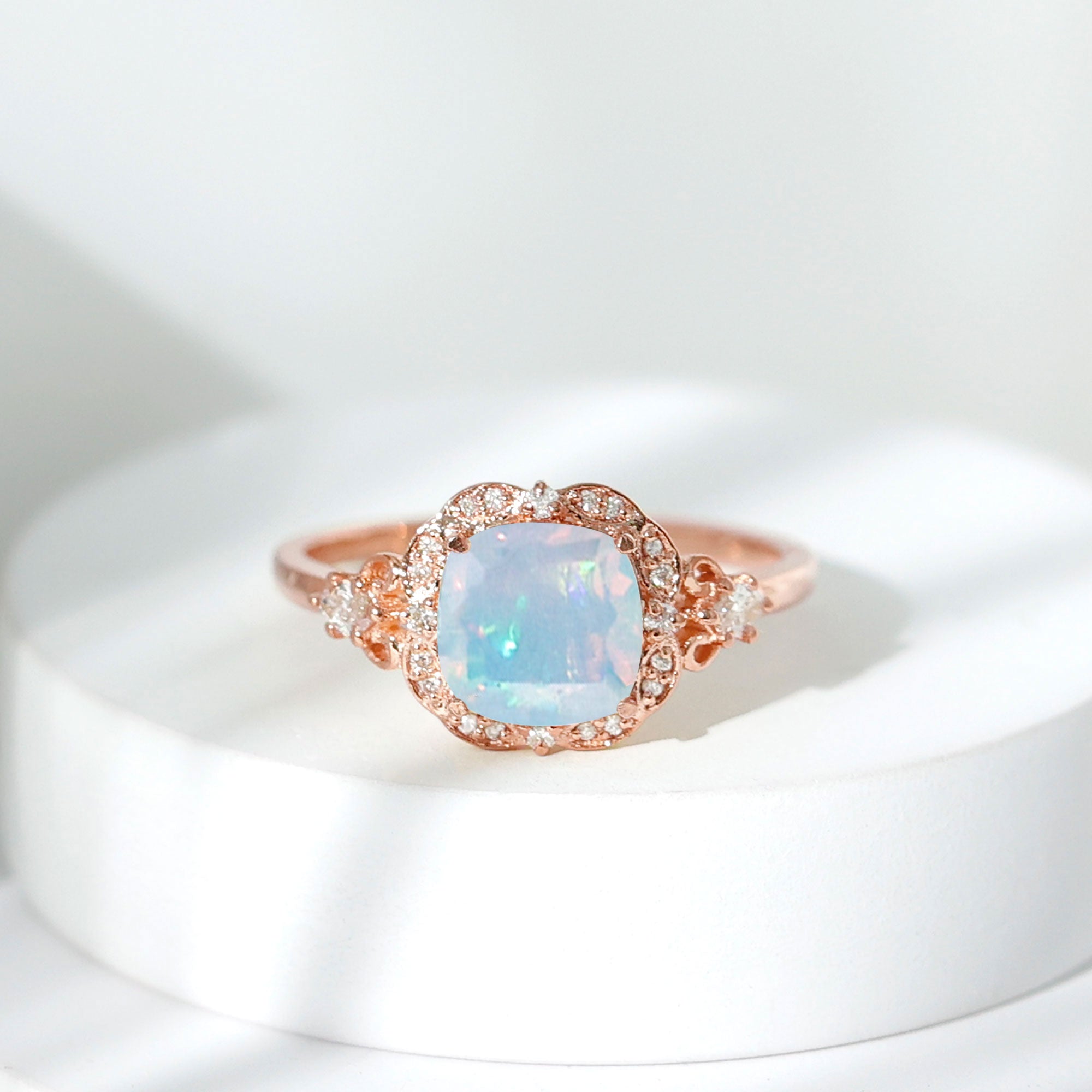 Real Cushion Cut Ethiopian Opal Antique Looking Engagement Ring with Diamond AAA - Rosec Jewels