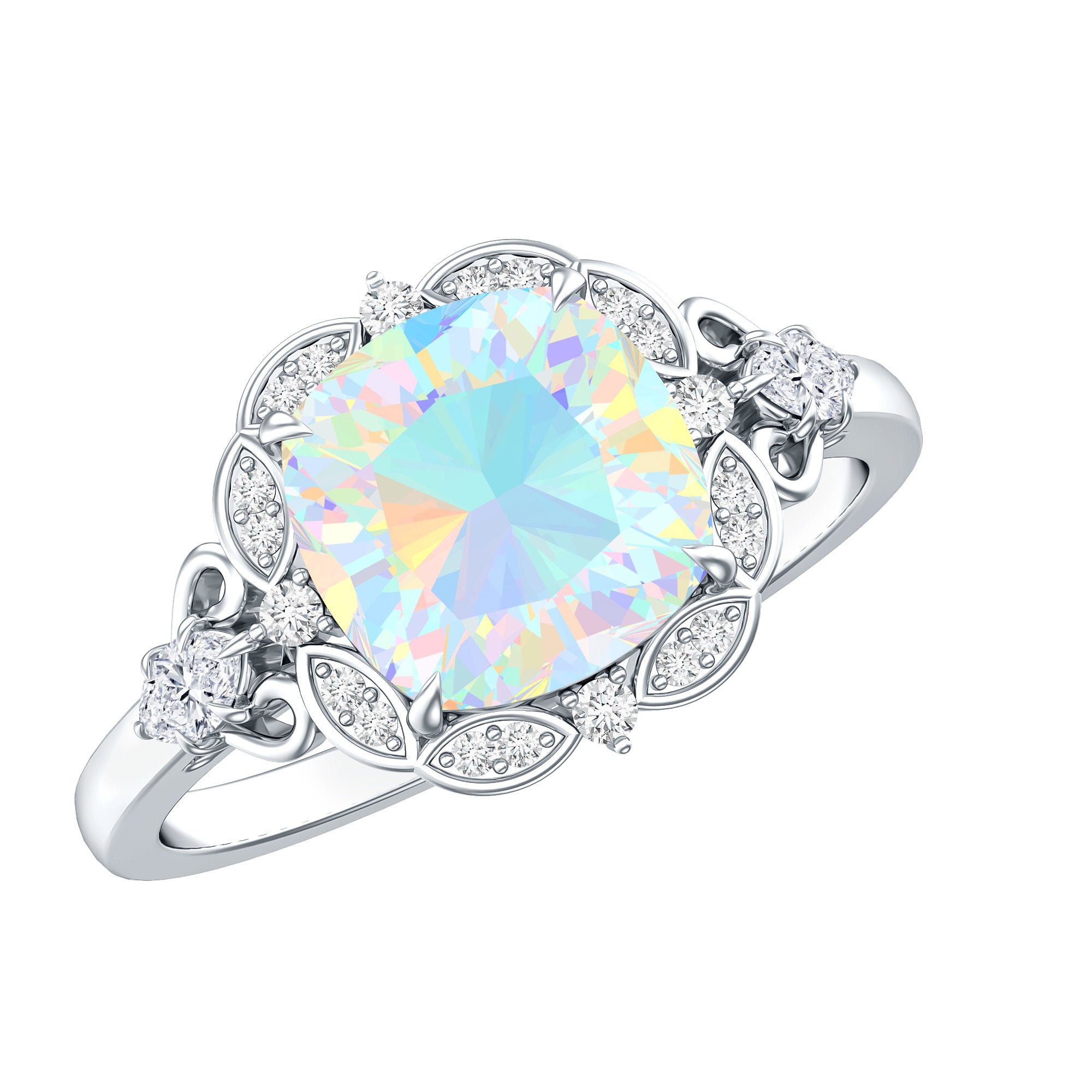 Real Cushion Cut Ethiopian Opal Antique Looking Engagement Ring with Diamond AAA - Rosec Jewels
