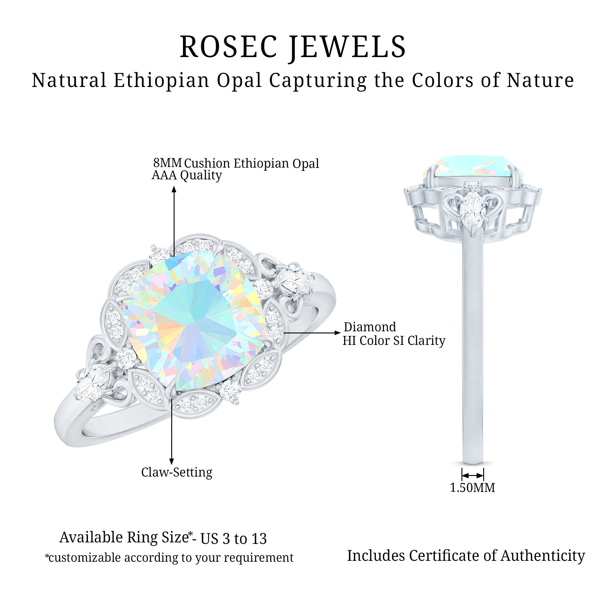 Real Cushion Cut Ethiopian Opal Antique Looking Engagement Ring with Diamond AAA - Rosec Jewels