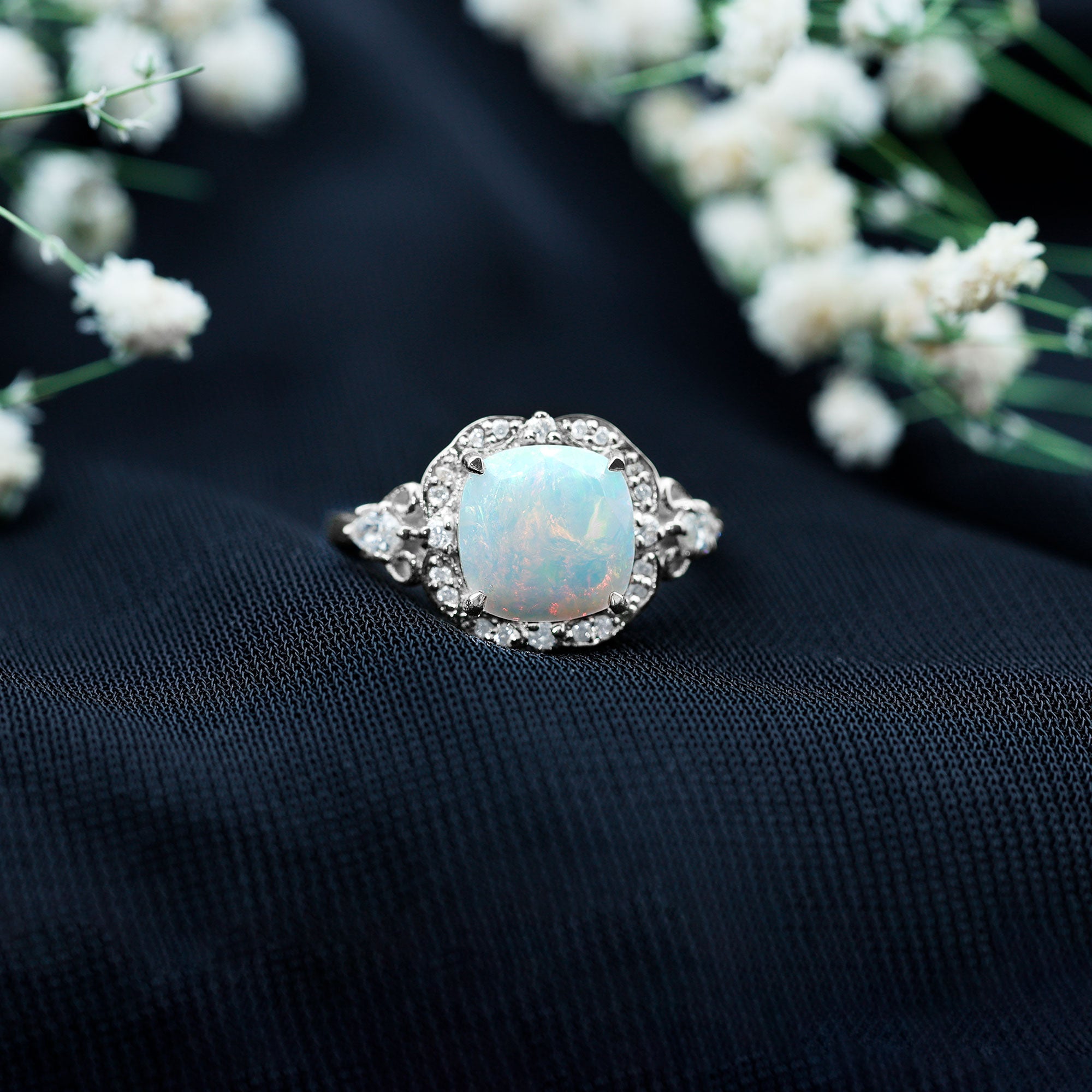 Real Cushion Cut Ethiopian Opal Antique Looking Engagement Ring with Diamond AAA - Rosec Jewels