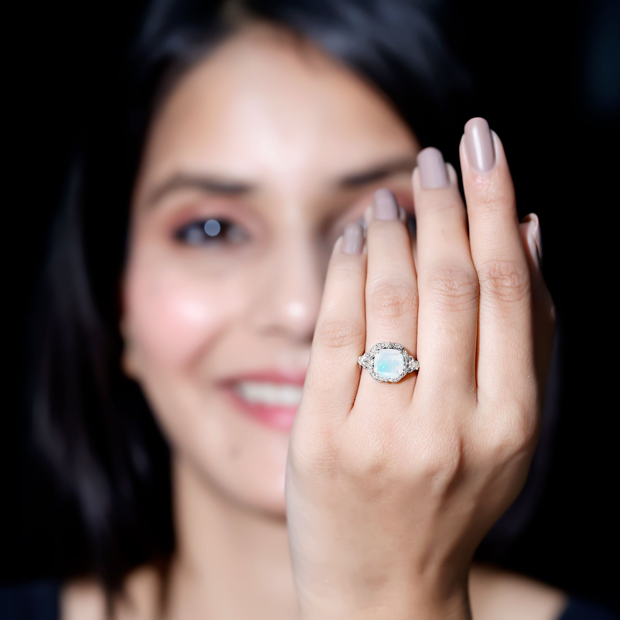 Real Cushion Cut Ethiopian Opal Antique Looking Engagement Ring with Diamond AAA - Rosec Jewels