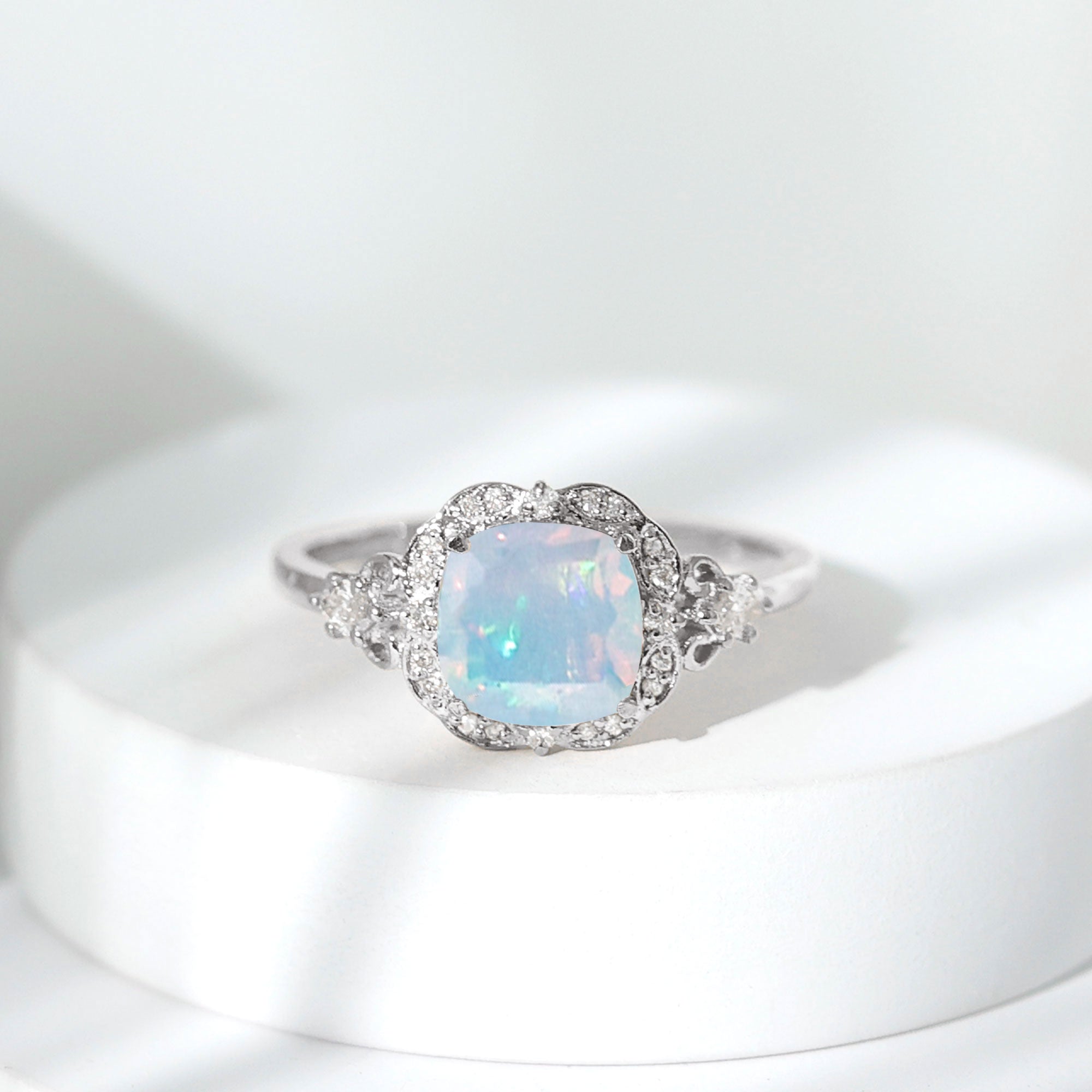 Real Cushion Cut Ethiopian Opal Antique Looking Engagement Ring with Diamond AAA - Rosec Jewels