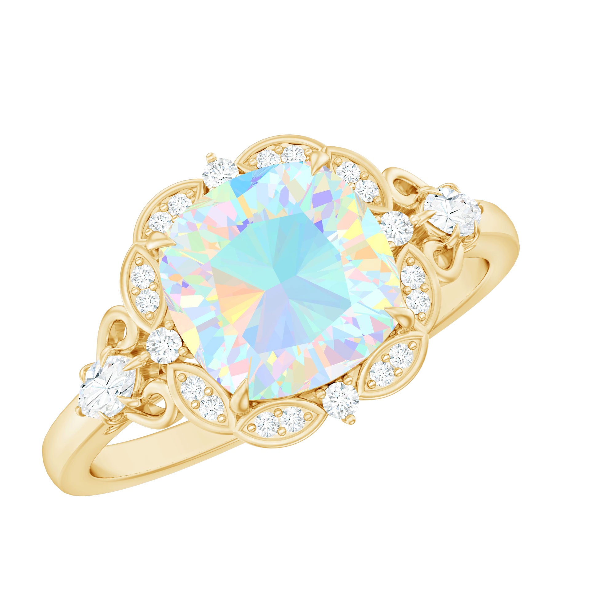 Real Cushion Cut Ethiopian Opal Antique Looking Engagement Ring with Diamond AAA - Rosec Jewels