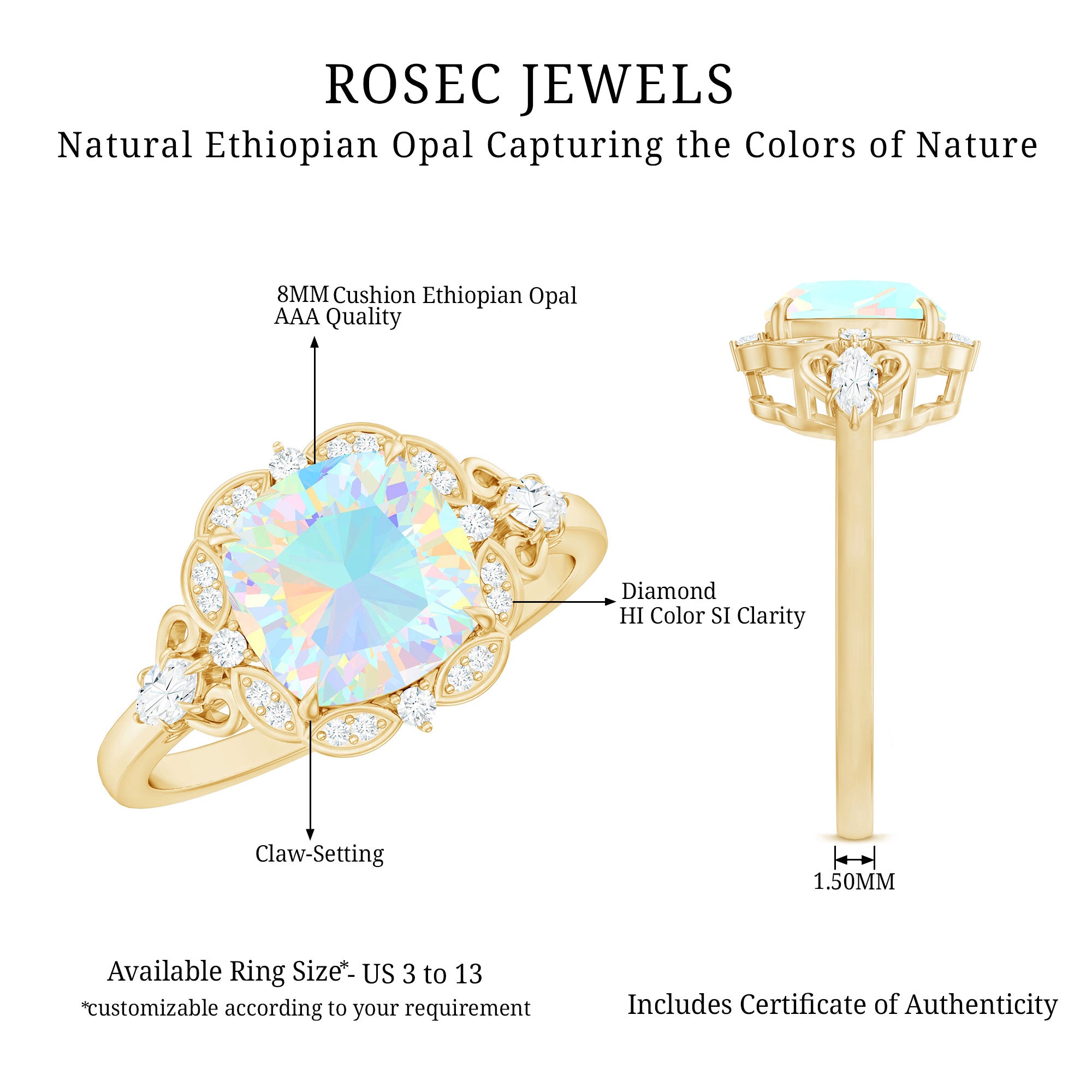 Real Cushion Cut Ethiopian Opal Antique Looking Engagement Ring with Diamond AAA - Rosec Jewels