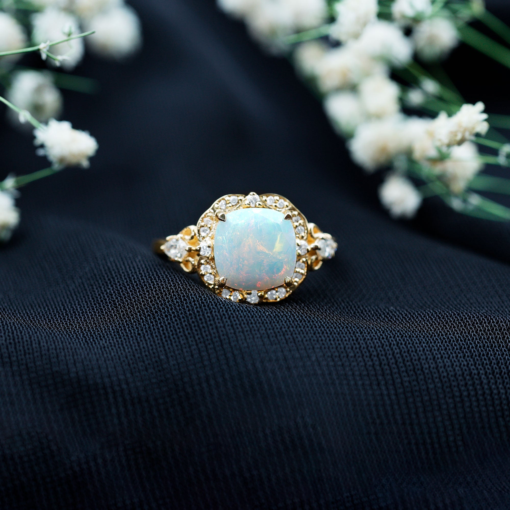 Real Cushion Cut Ethiopian Opal Antique Looking Engagement Ring with Diamond AAA - Rosec Jewels