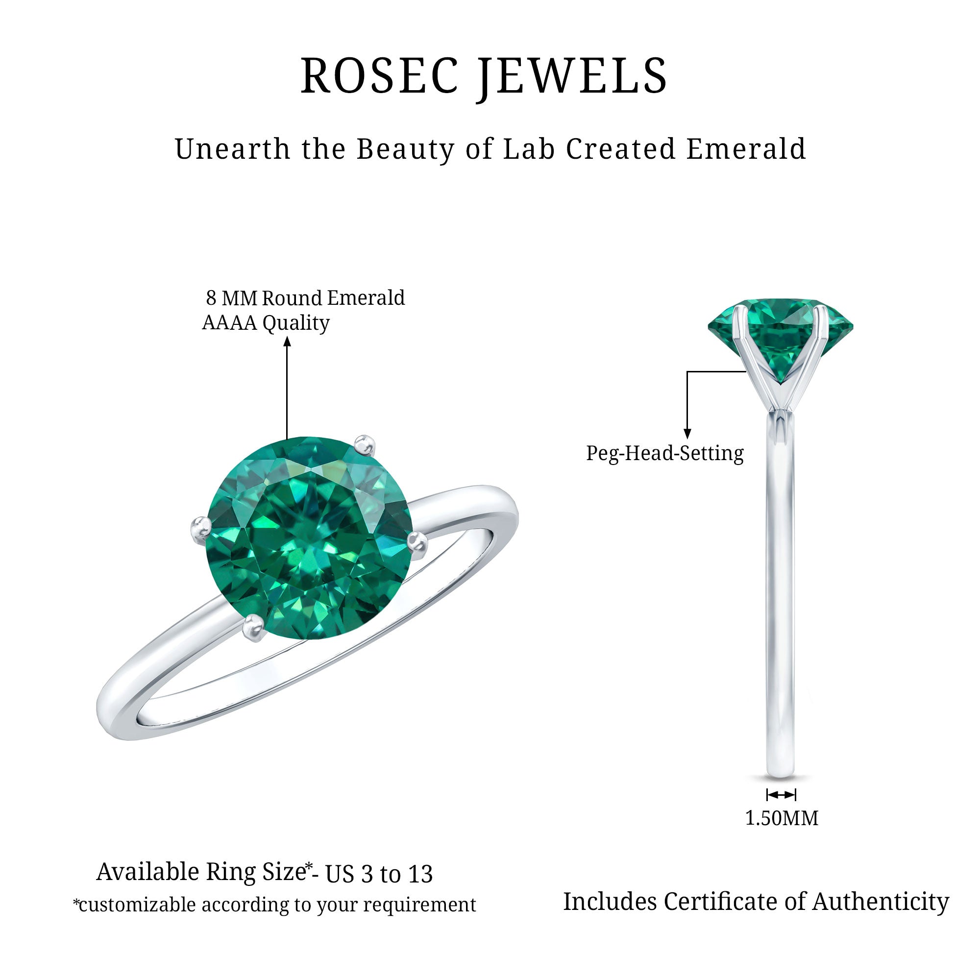 Certified 2 Carat Lab Grown Emerald Solitaire Engagement Ring AAAA - Rosec Jewels