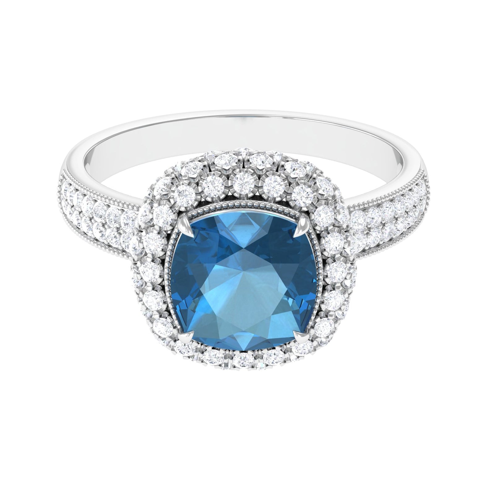 Vintage Inspired London Blue Topaz Designer Engagement Ring with Moissanite