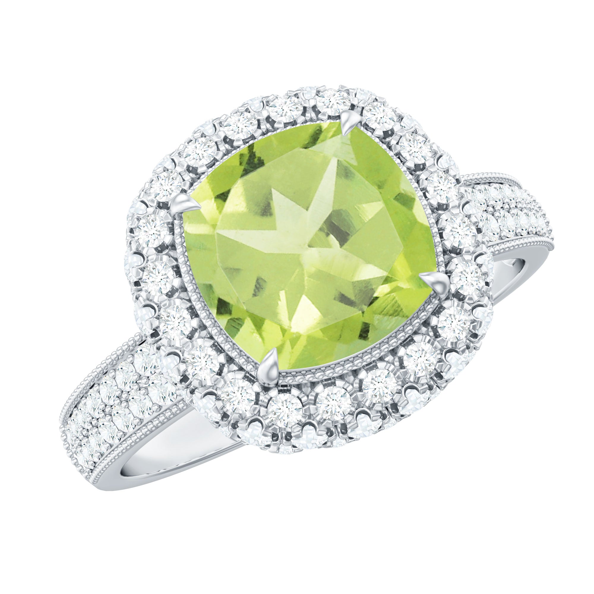 Cushion Cut Peridot Statement Engagement Ring with Moissanite