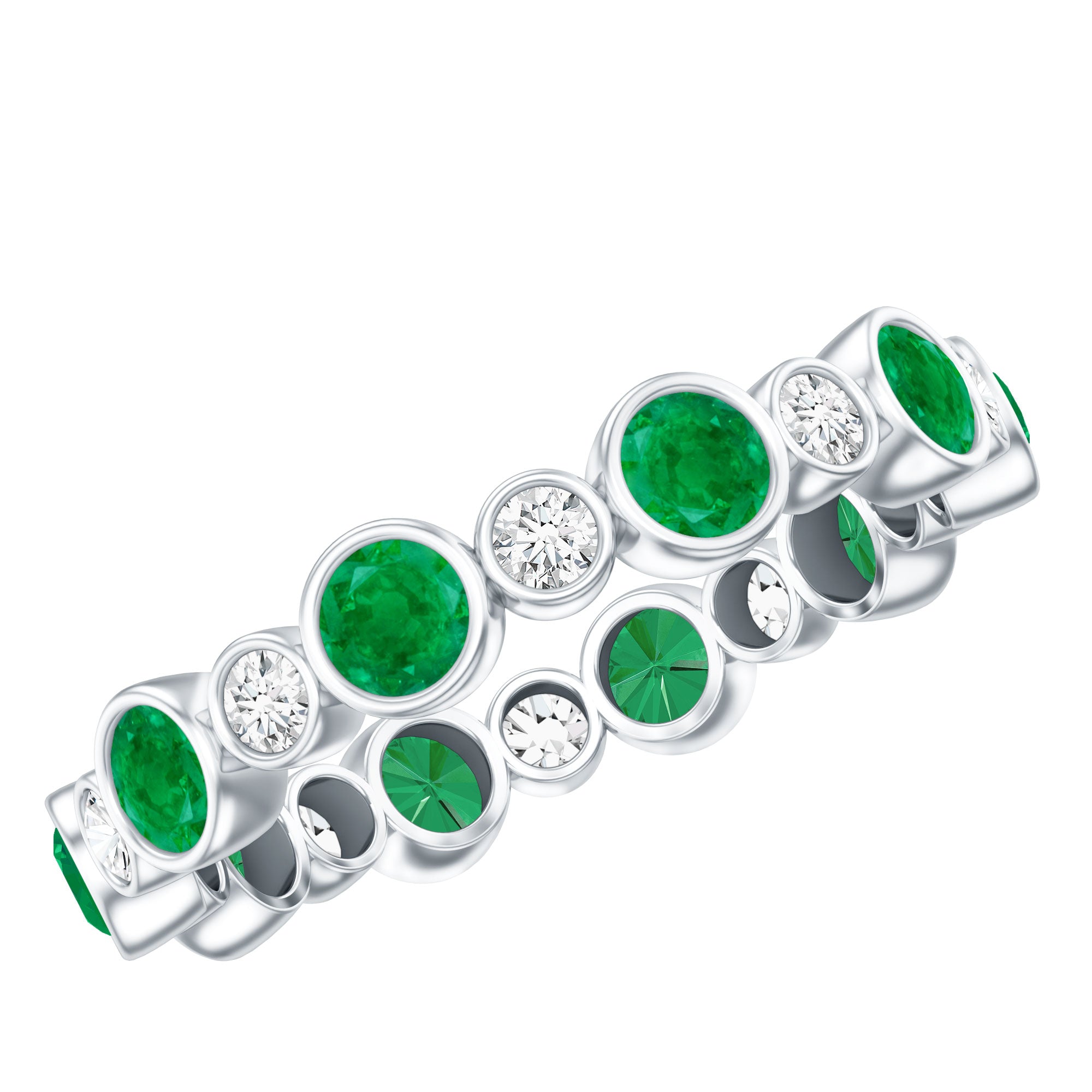 Bezel Set Round Emerald and Diamond Eternity Wedding Band AAA - Rosec Jewels