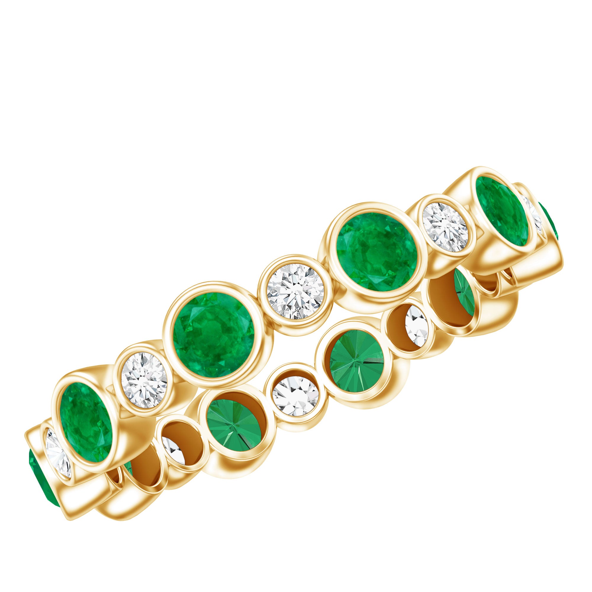 Bezel Set Round Emerald and Diamond Eternity Wedding Band AAA - Rosec Jewels