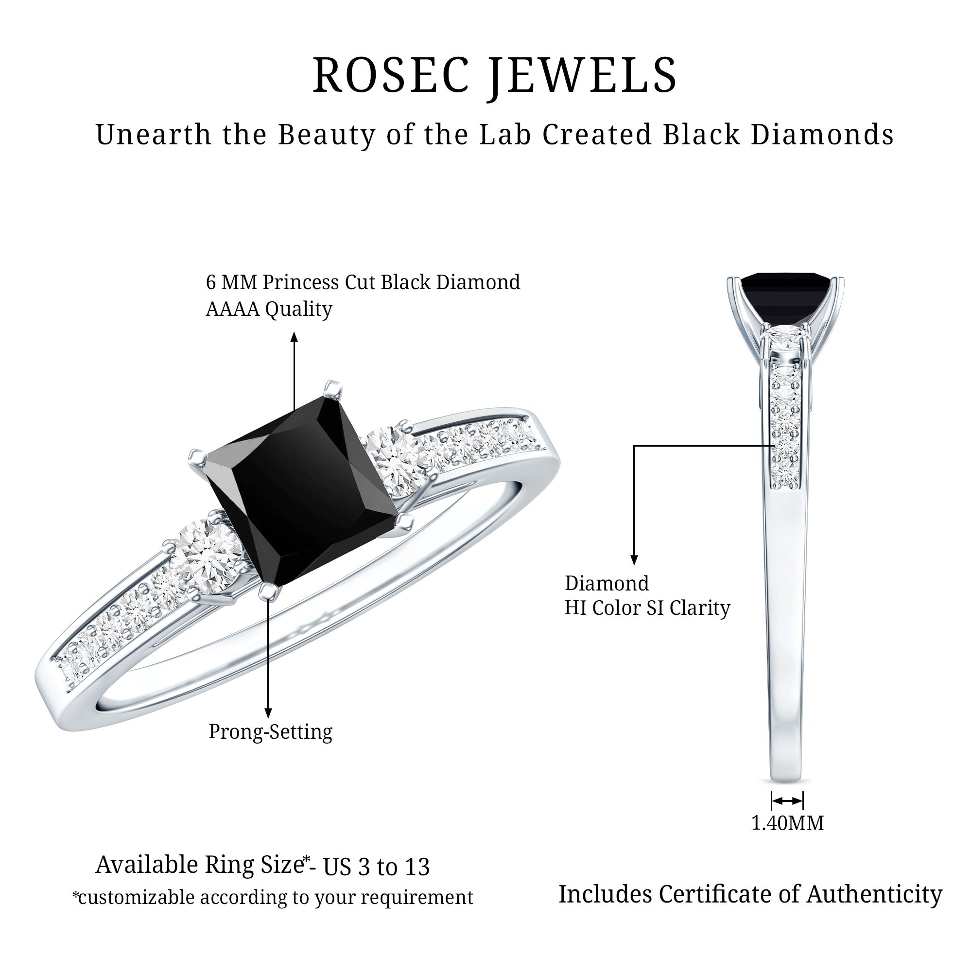 Certified 1 Carat Lab Grown Black and White Diamond Princess Cut Engagement Ring AAAA ( Synthetic ) - Rosec Jewels