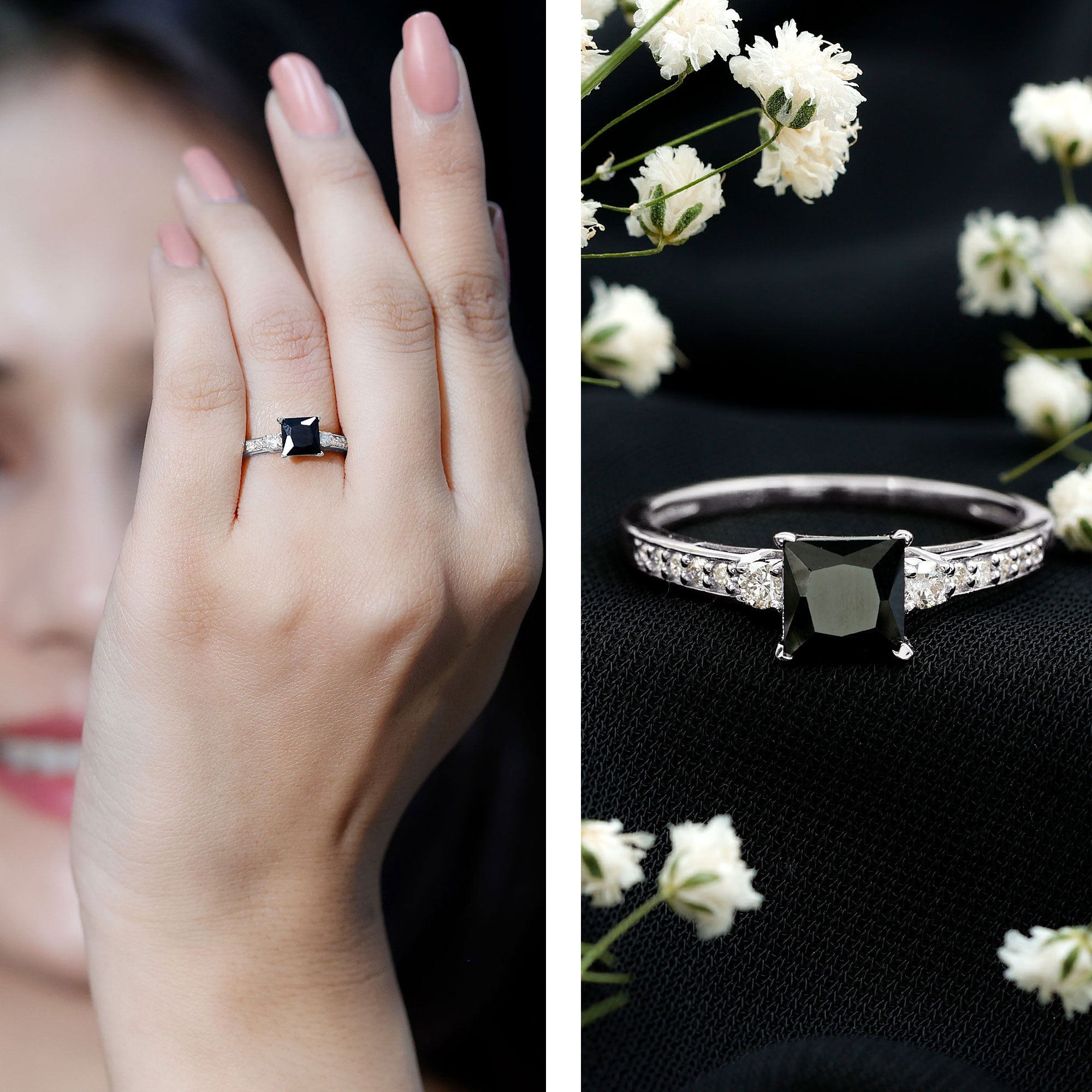 Certified 1 Carat Lab Grown Black and White Diamond Princess Cut Engagement Ring AAAA ( Synthetic ) - Rosec Jewels