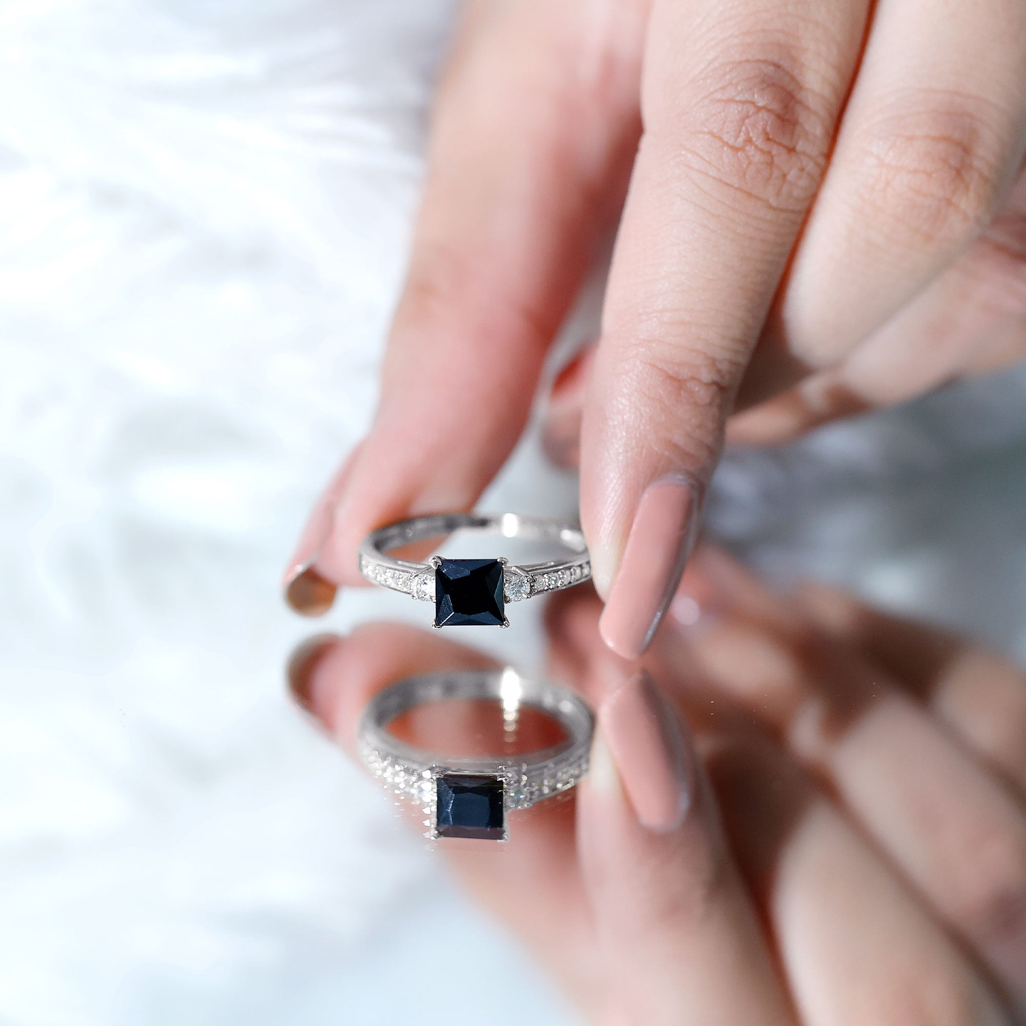 Certified 1 Carat Lab Grown Black and White Diamond Princess Cut Engagement Ring AAAA ( Synthetic ) - Rosec Jewels