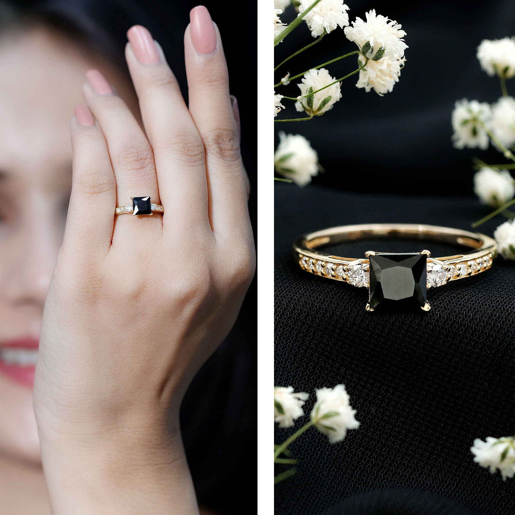 Certified 1 Carat Lab Grown Black and White Diamond Princess Cut Engagement Ring AAAA ( Synthetic ) - Rosec Jewels