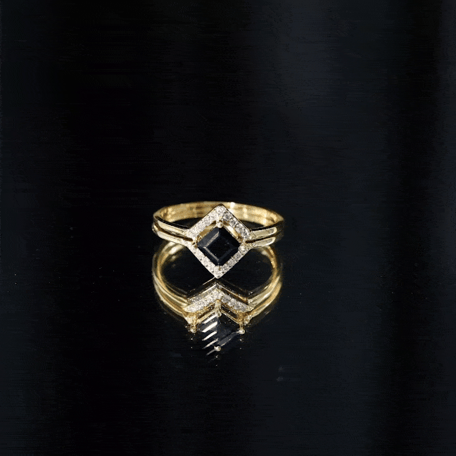 Rosec Jewels-Real Black Onyx and Diamond Princess Cut Engagement Ring With Ring Guard